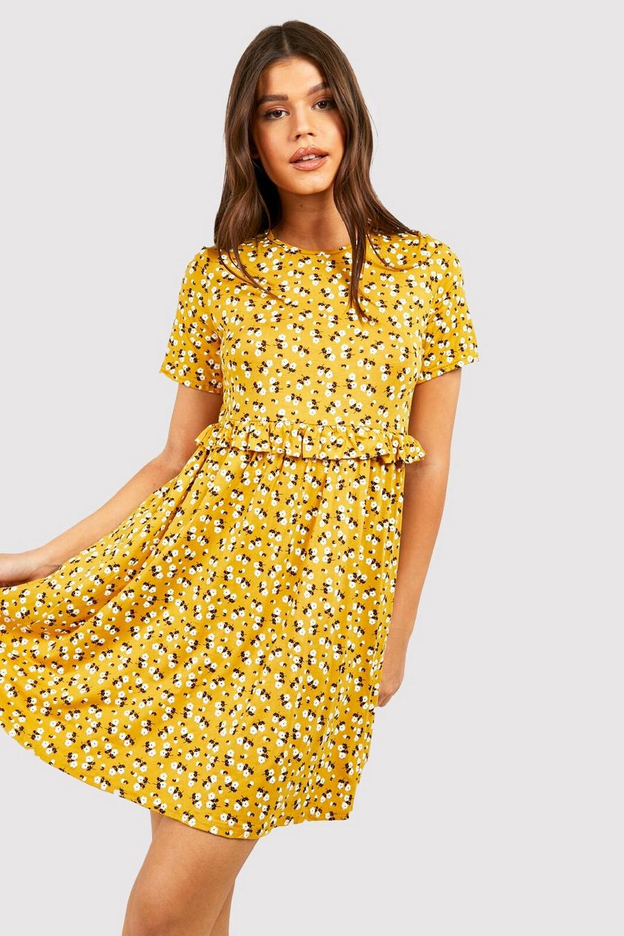 Smok-Kleid mit Blumenmuster, Senfgelb jaune