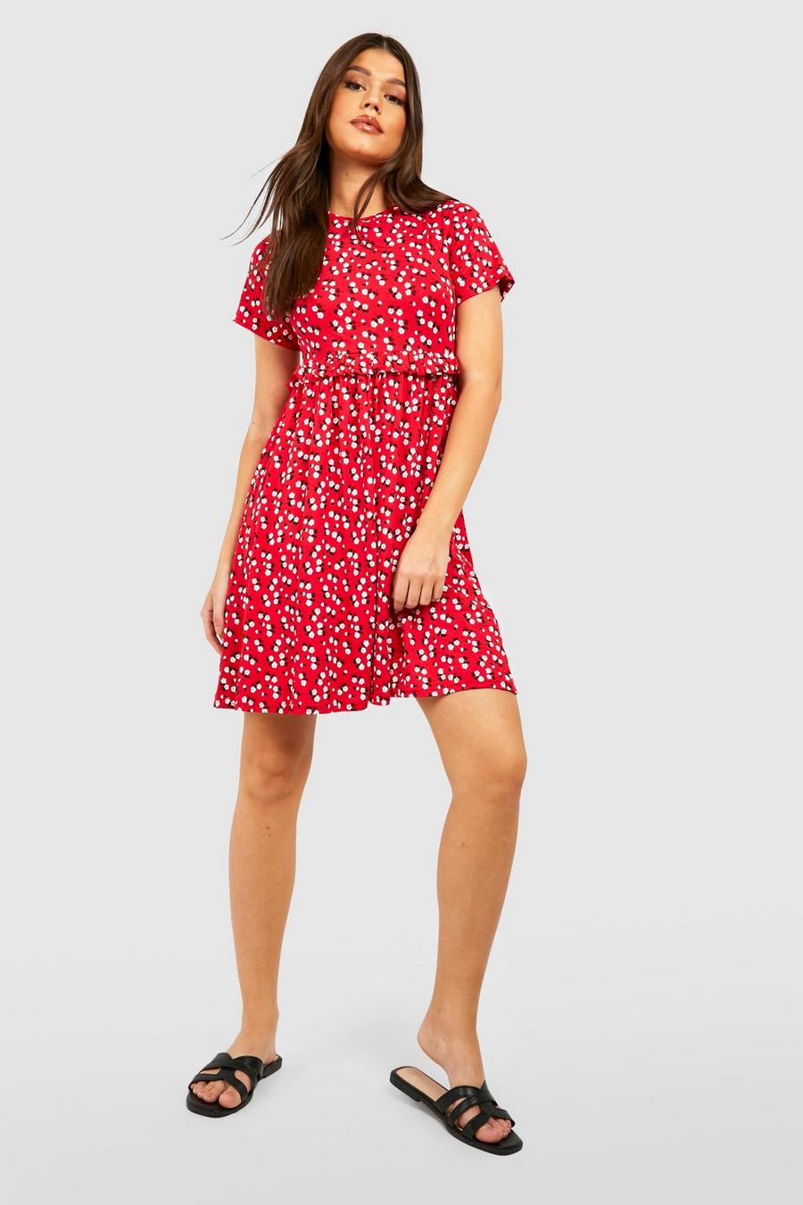 Red Ditsy Floral Smock Dress