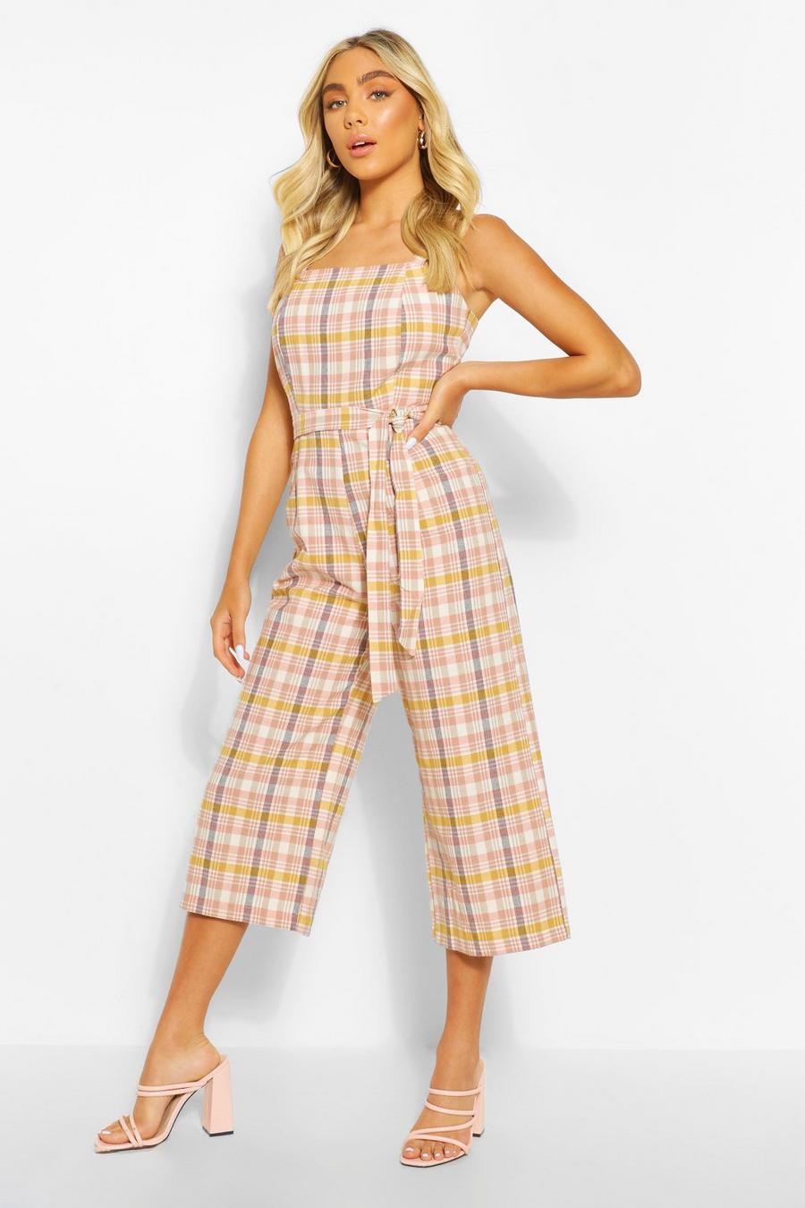 Blush Linen Look Checked Culotte Overall image number 1