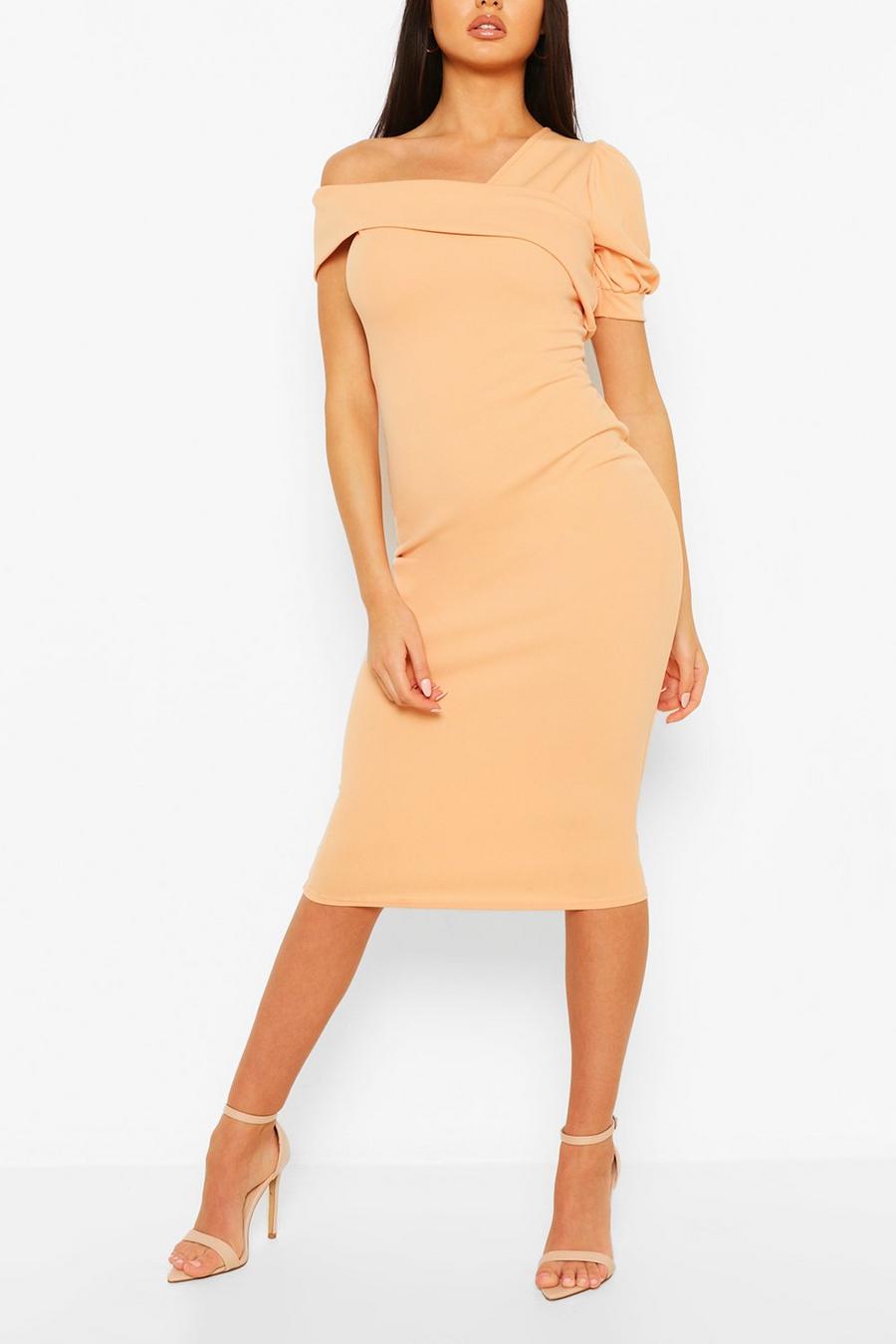 Apricot nude Off Shoulder Puff Sleeve Midi Dress image number 1