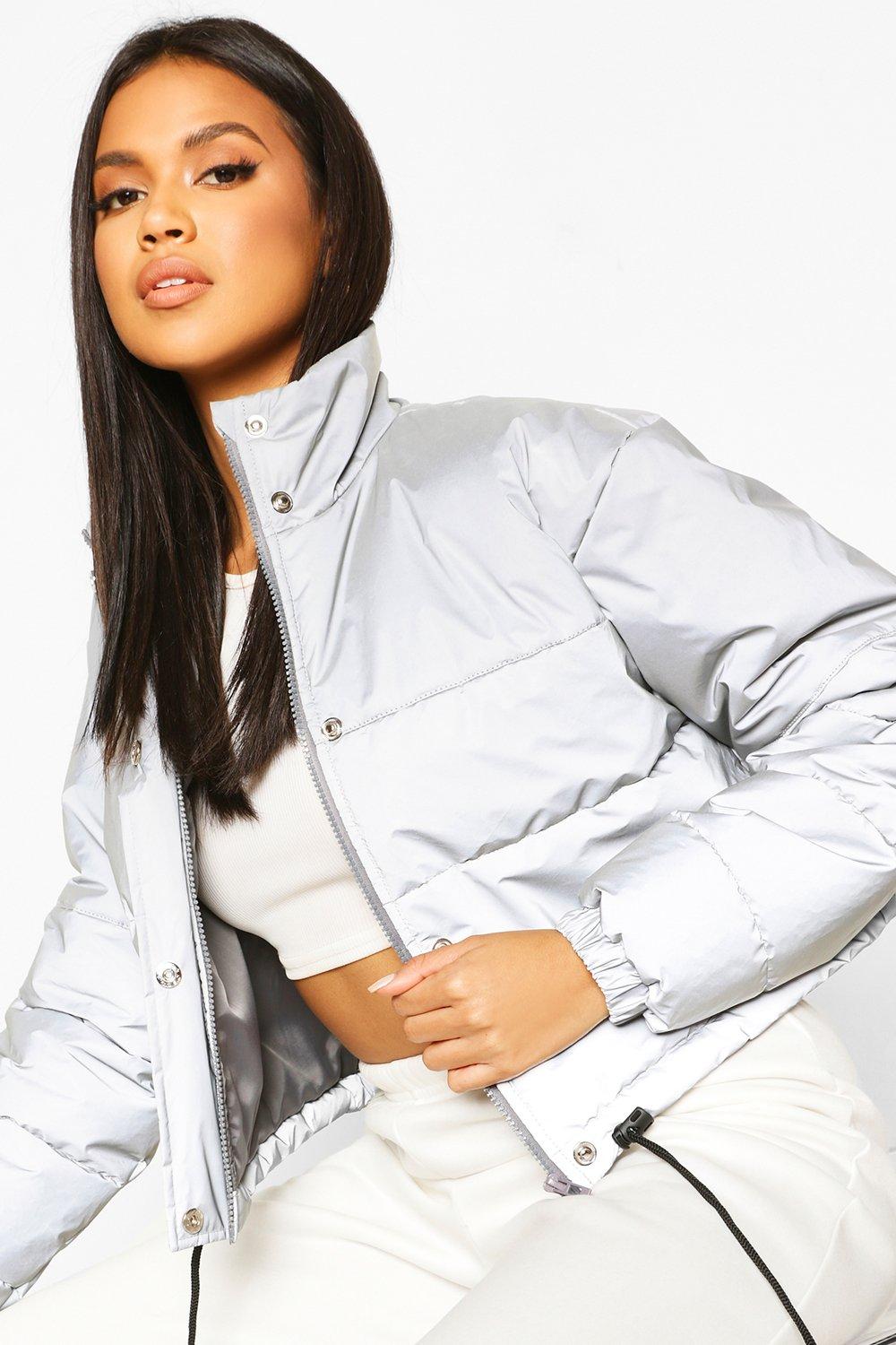 Grey reflective puffer outlet jacket