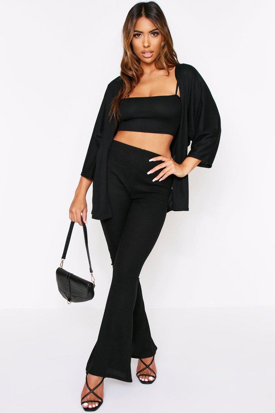 Ribbed Strappy Crop Top & Wide Leg Cardigan Set image number 1