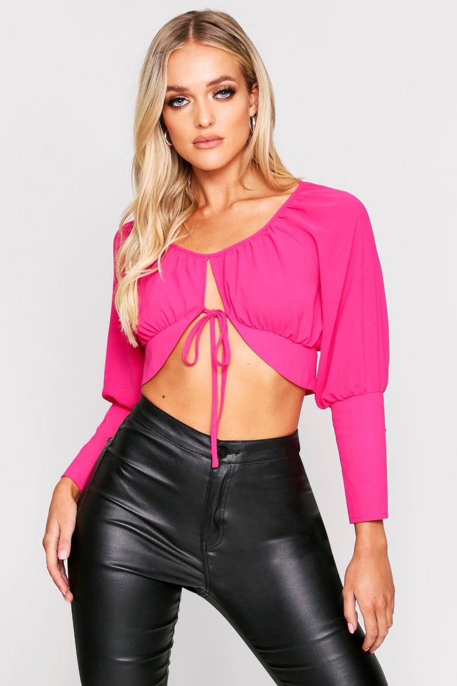 Fushia Tie Front Puff Sleeve Crop Top image number 1