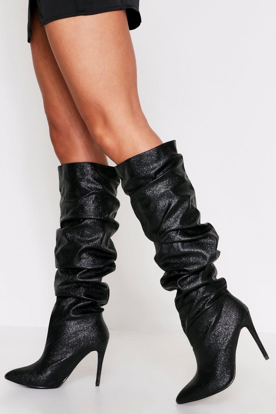 Black Knee High Ruched Point Toe Boots image number 1