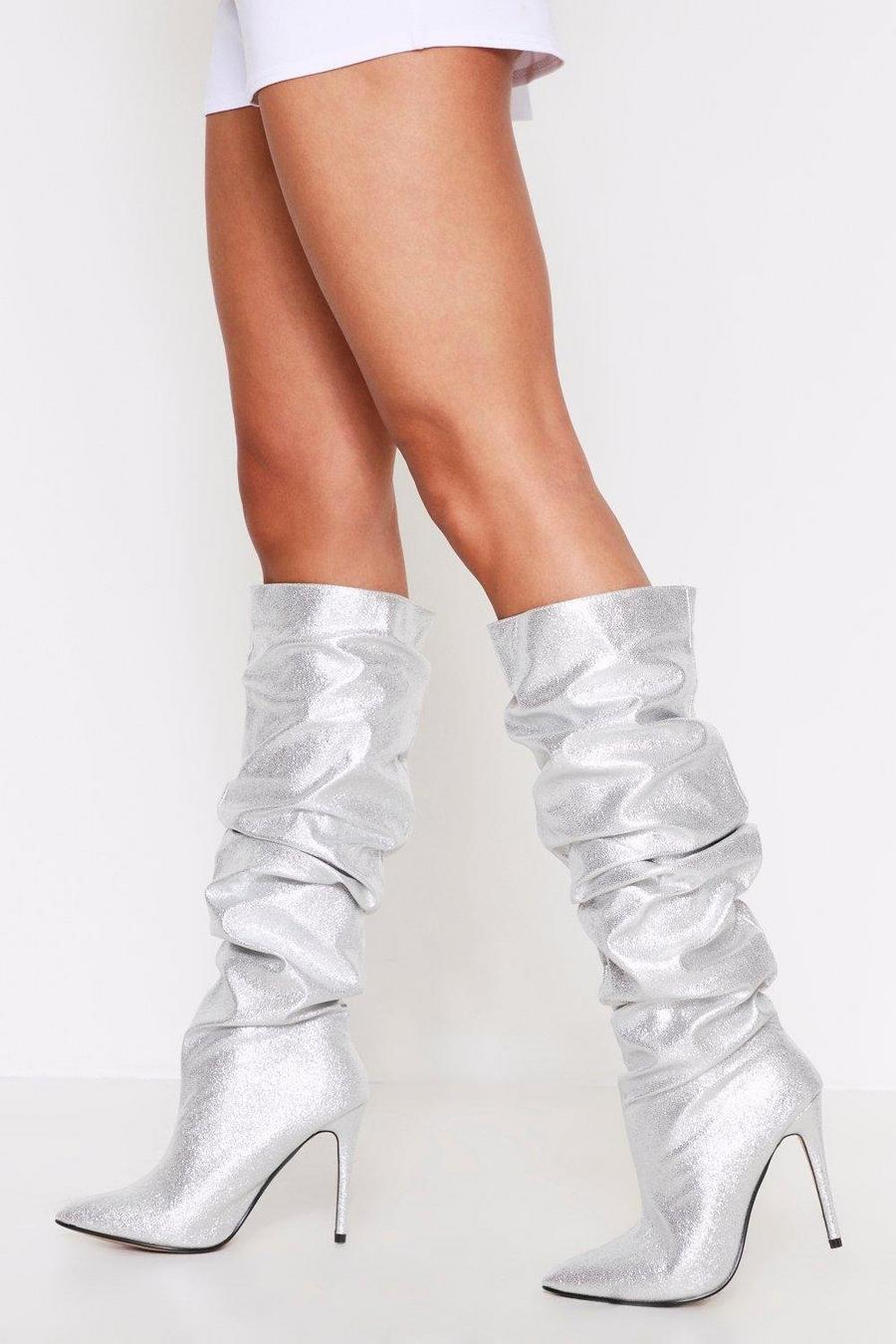Silver Knee High Ruched Point Toe Boots image number 1