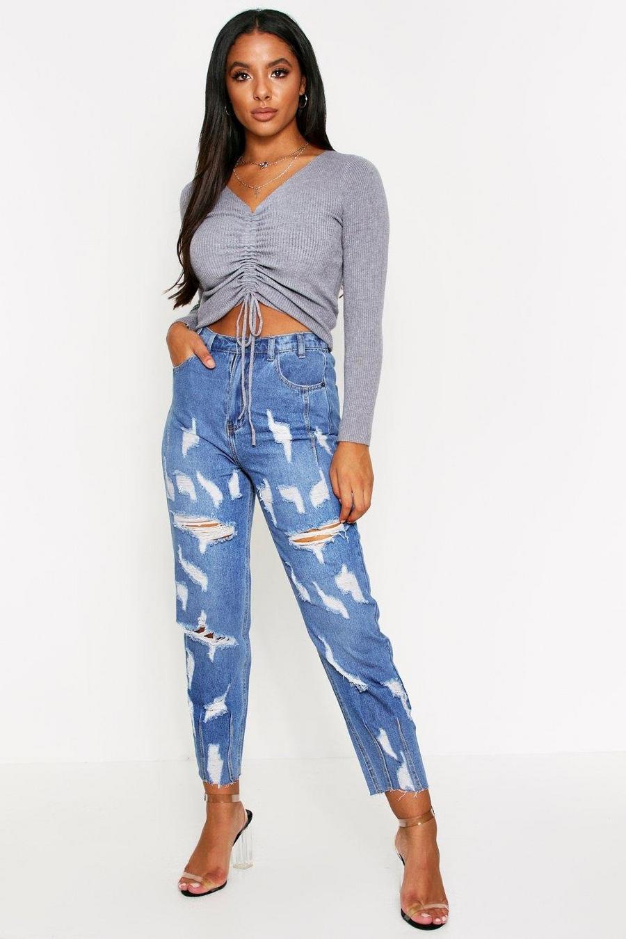 Jeans stile mom a vita alta effetto invecchiato con strappi, Lavaggio medio azul image number 1