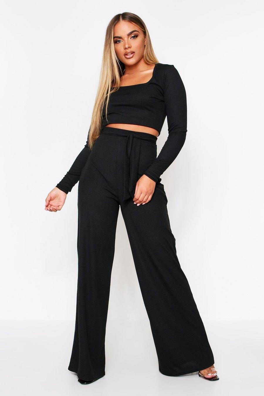 Ribbed Square Neck + Wide Leg Pants Co-Ord image number 1