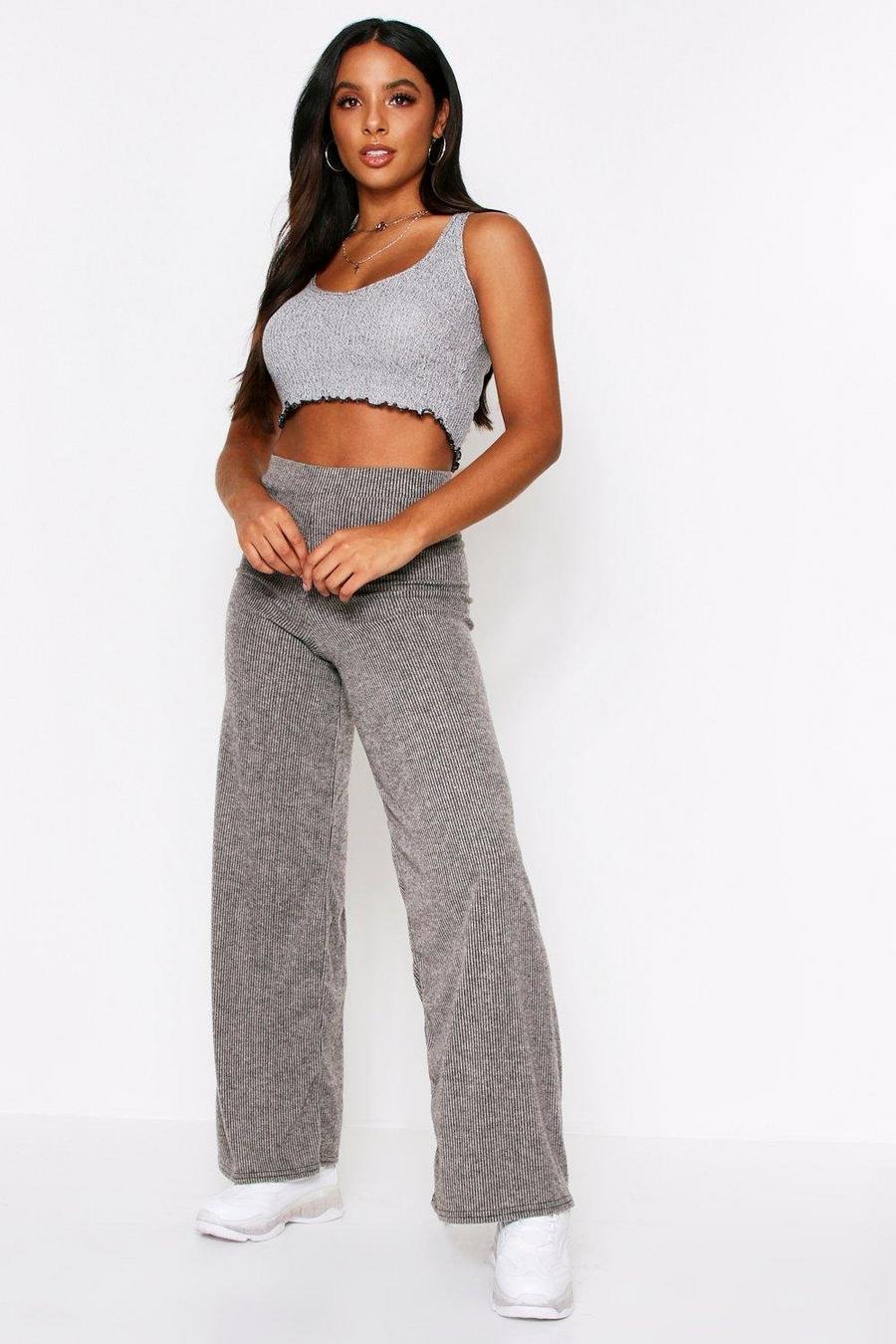 Grey Brushed Rib Wide Leg Track Pants image number 1