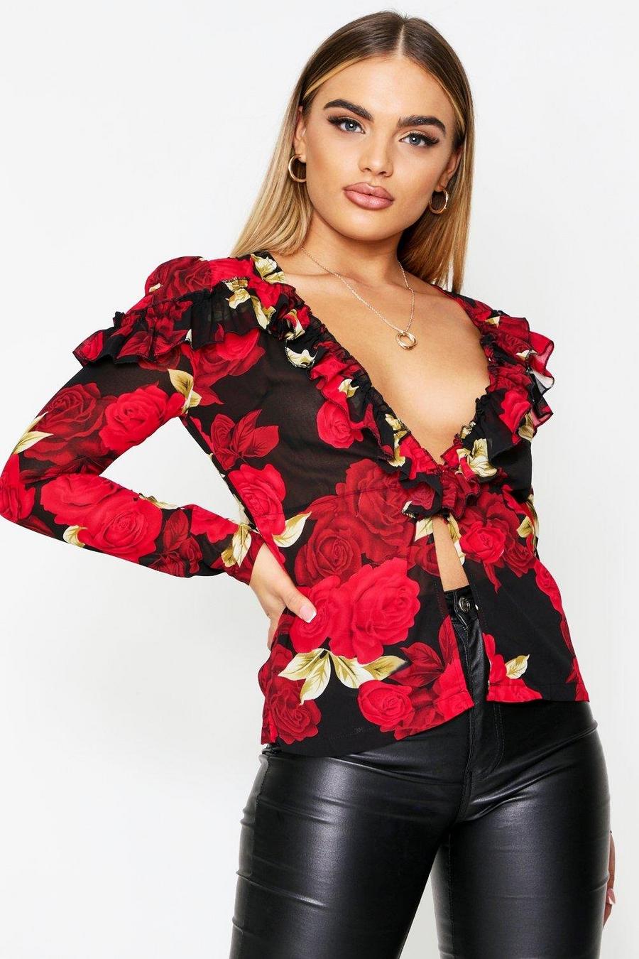 Floral Chiffon Frill Plunge Blouse image number 1