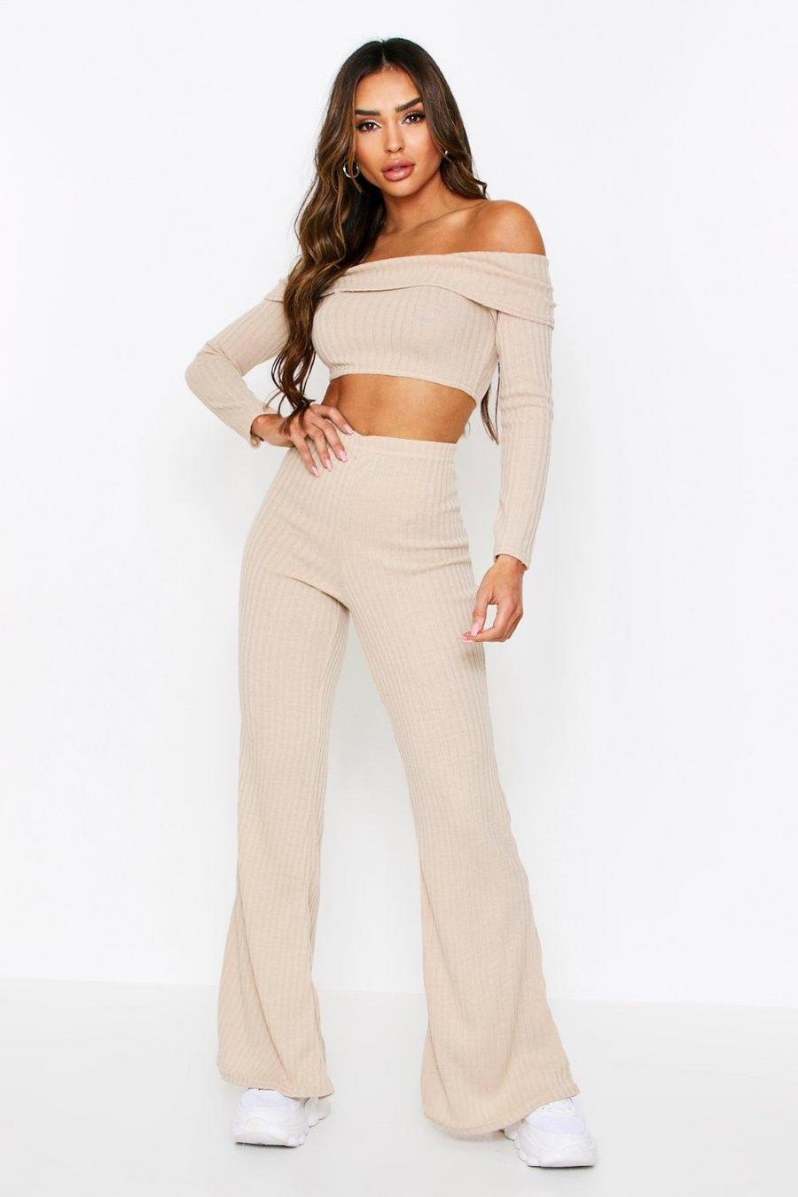 Ribbed Knit Off The Shoulder + Wide Leg Two-Piece image number 1