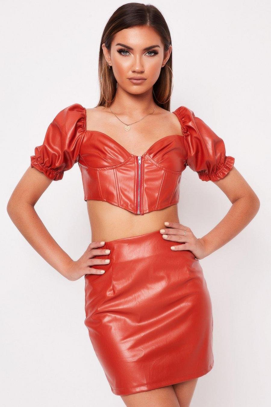 Rust Pu Milkmaid Crop Skirt Two-Piece image number 1