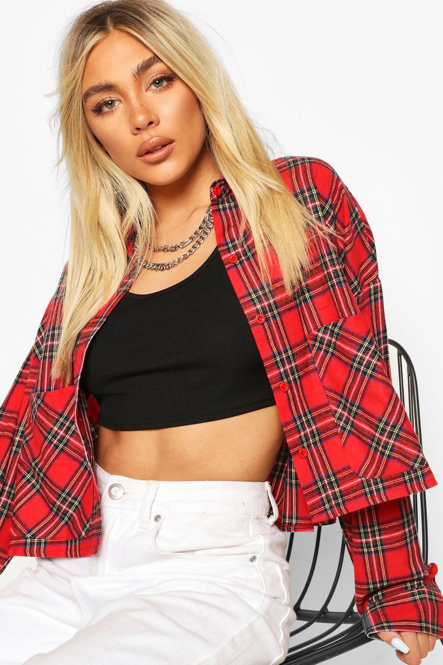 Red Checked Cropped Oversized Shirt image number 1
