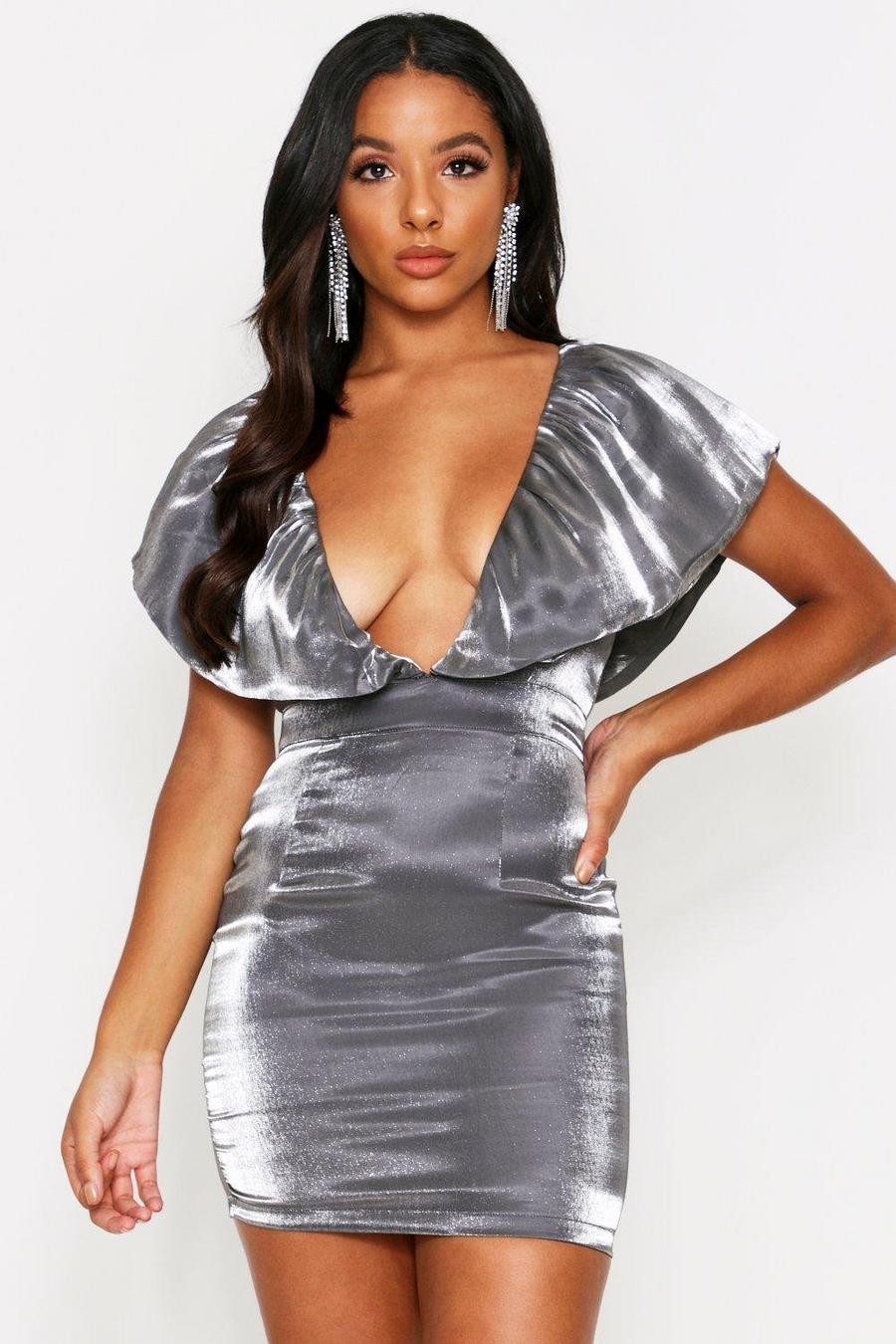 Silver Metallic Look Puff Detail Plunge Dress image number 1