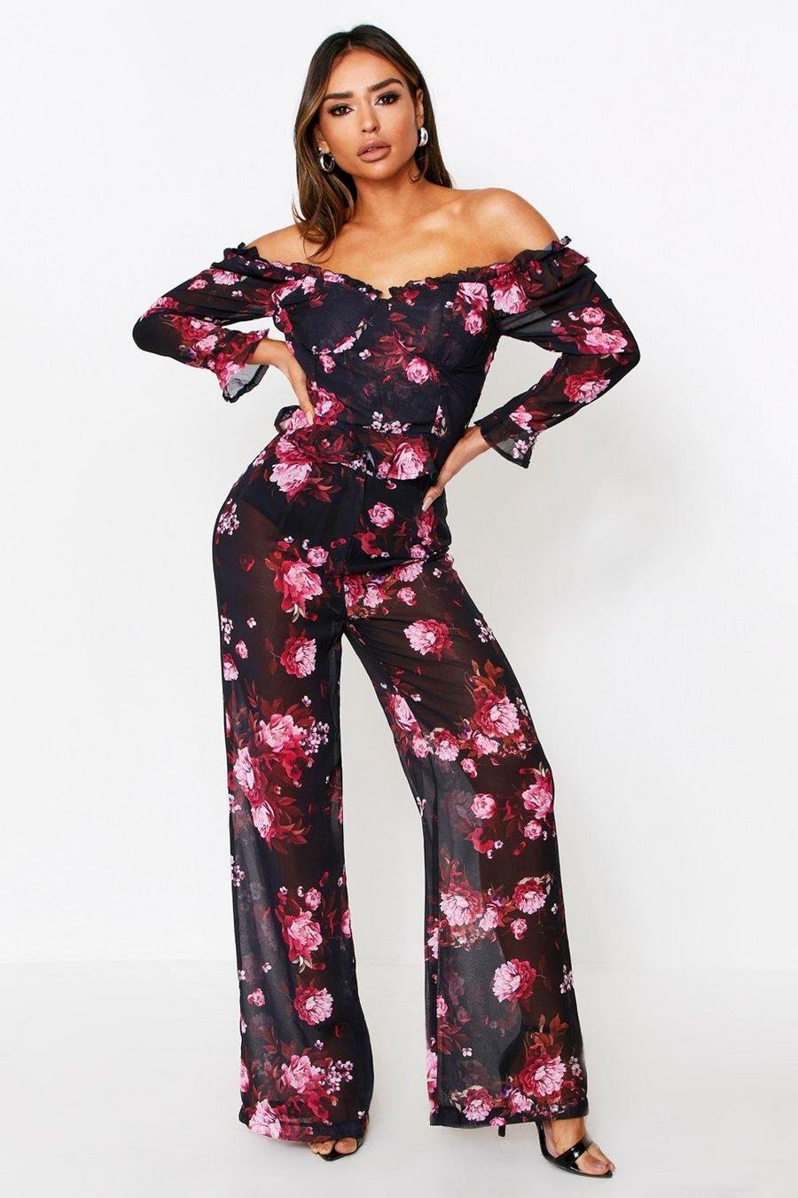 Black Floral Chiffon Wide Leg Trousers image number 1