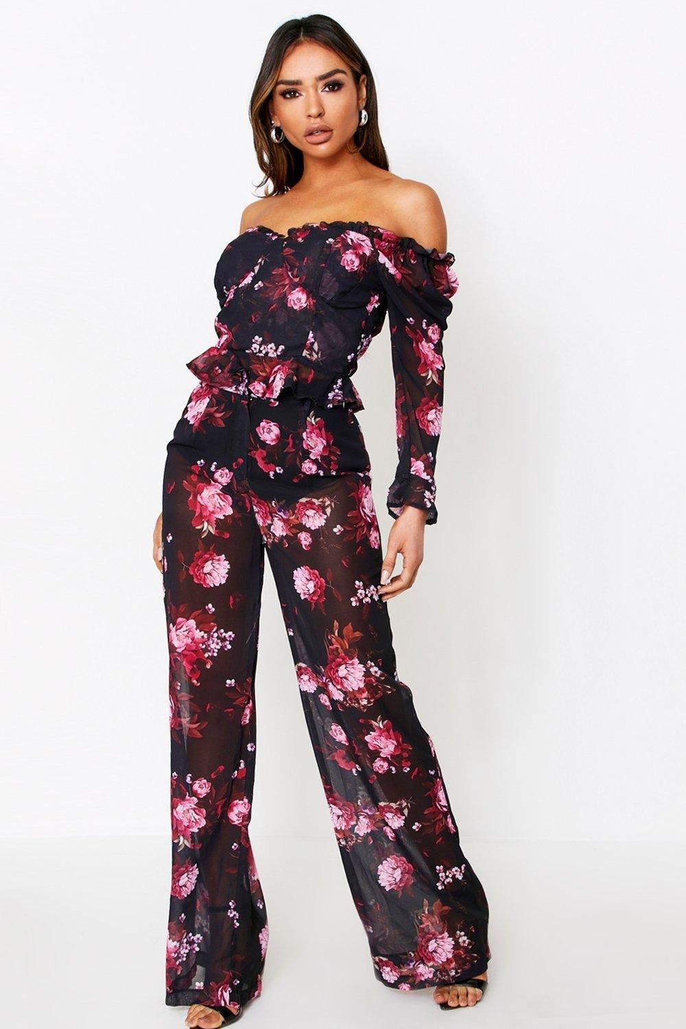 Floral Chiffon Wide Leg Trousers | boohoo