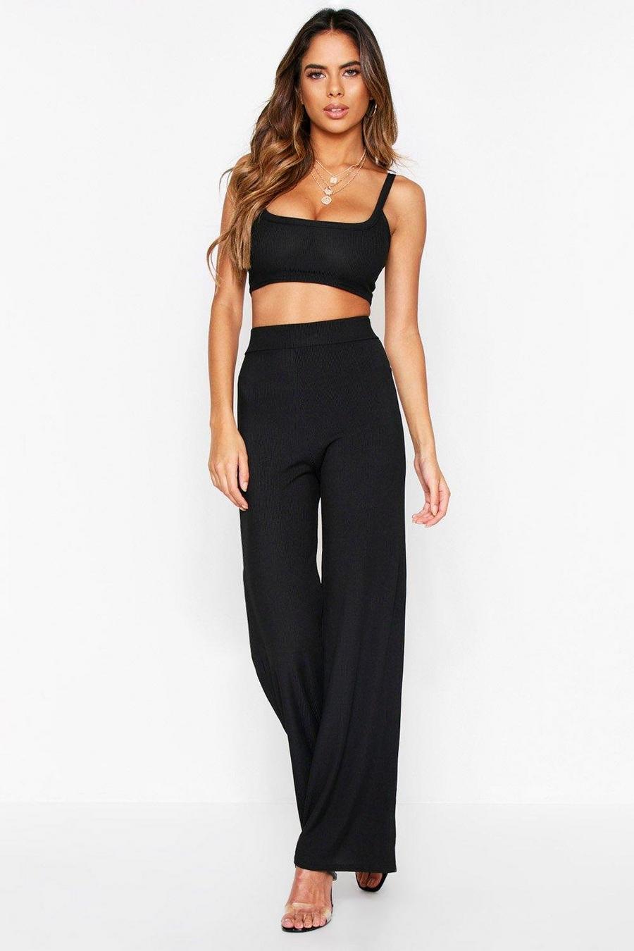 Crop Top + Wide Leg Pants Ribbed Co-Ord image number 1