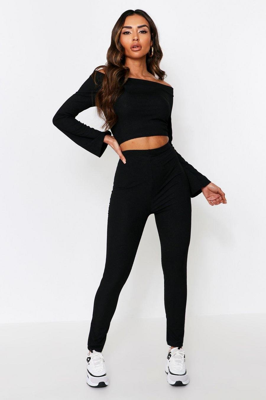 Rib Slash Neck Wide Sleeve Top + Wide Leg Pants Two-Piece image number 1
