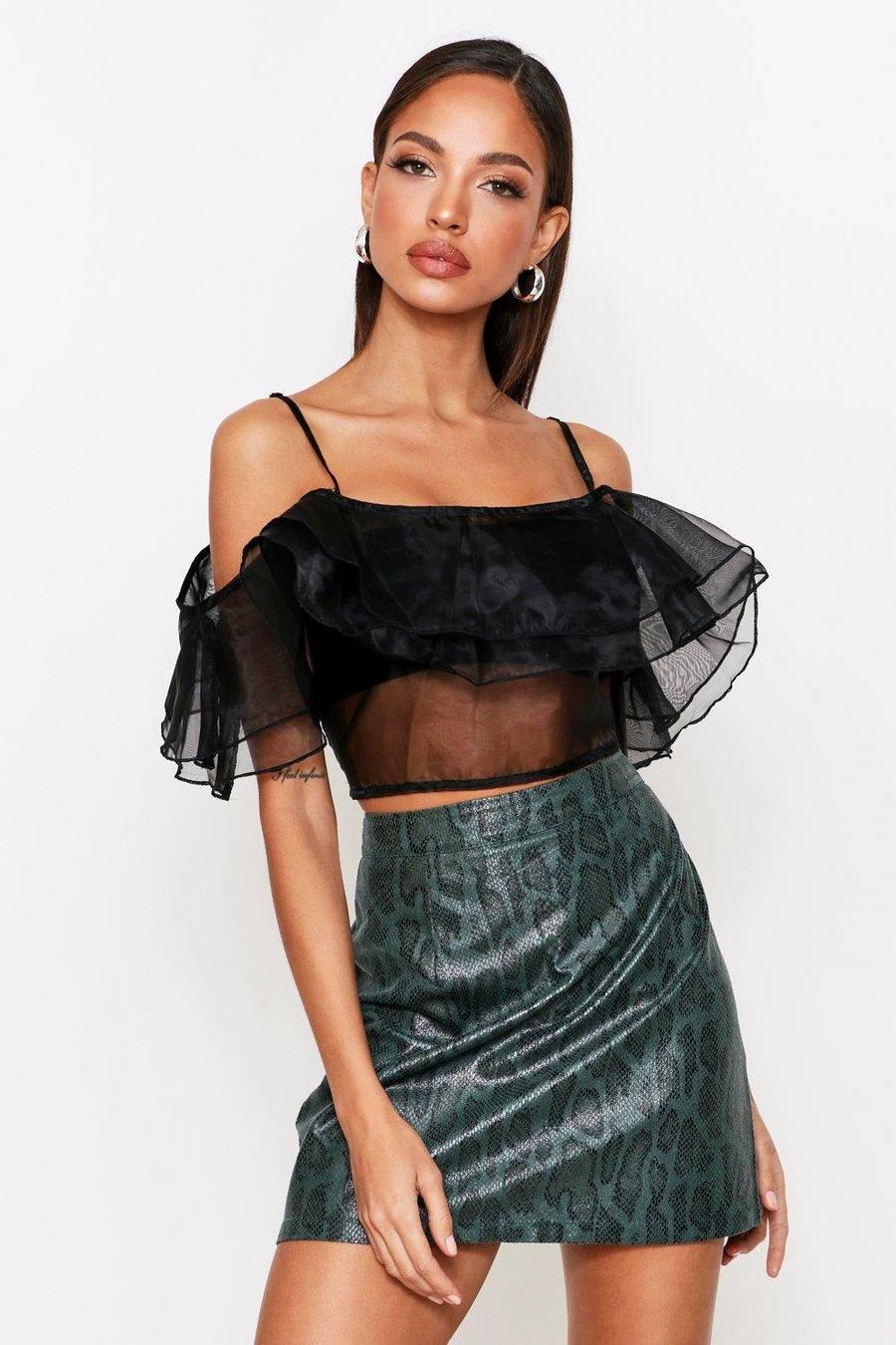 Black Organza Frill Detail Cold Shoulder Top image number 1