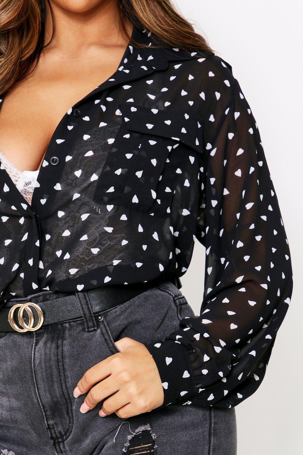 Sheer Heart Print Pocket Shirt