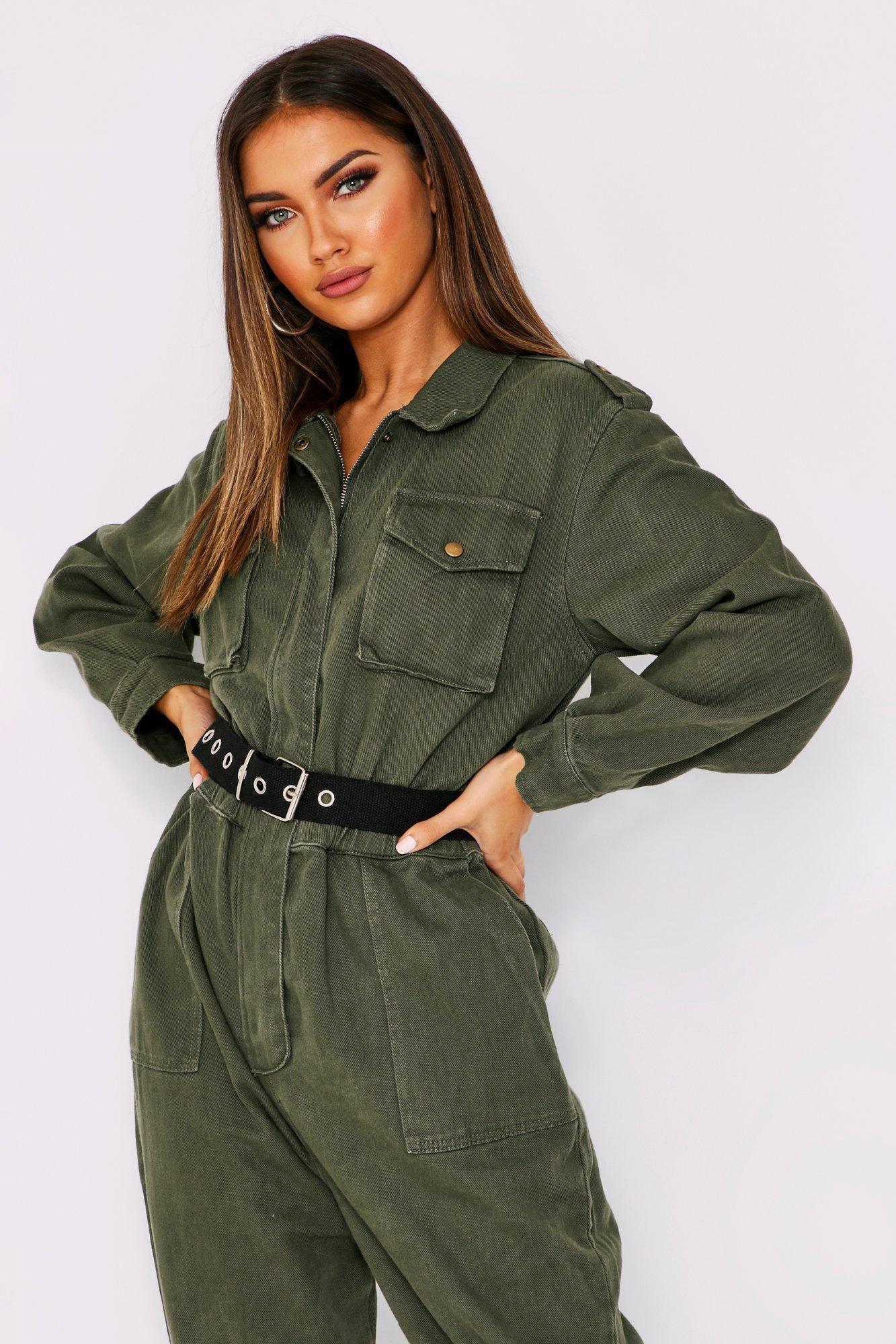 khaki denim utility jumpsuit