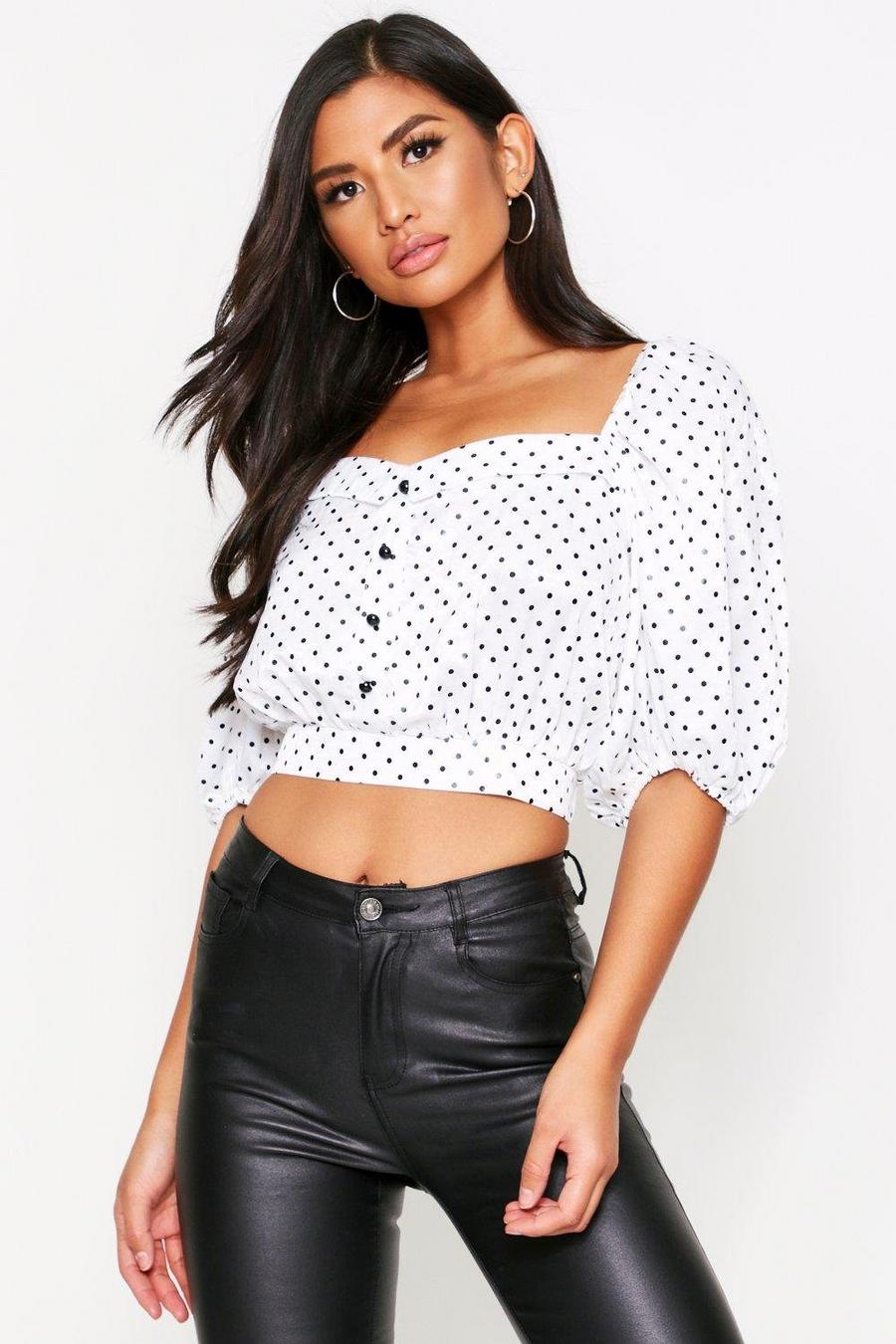 White Button Front Polka Dot Satin Top image number 1