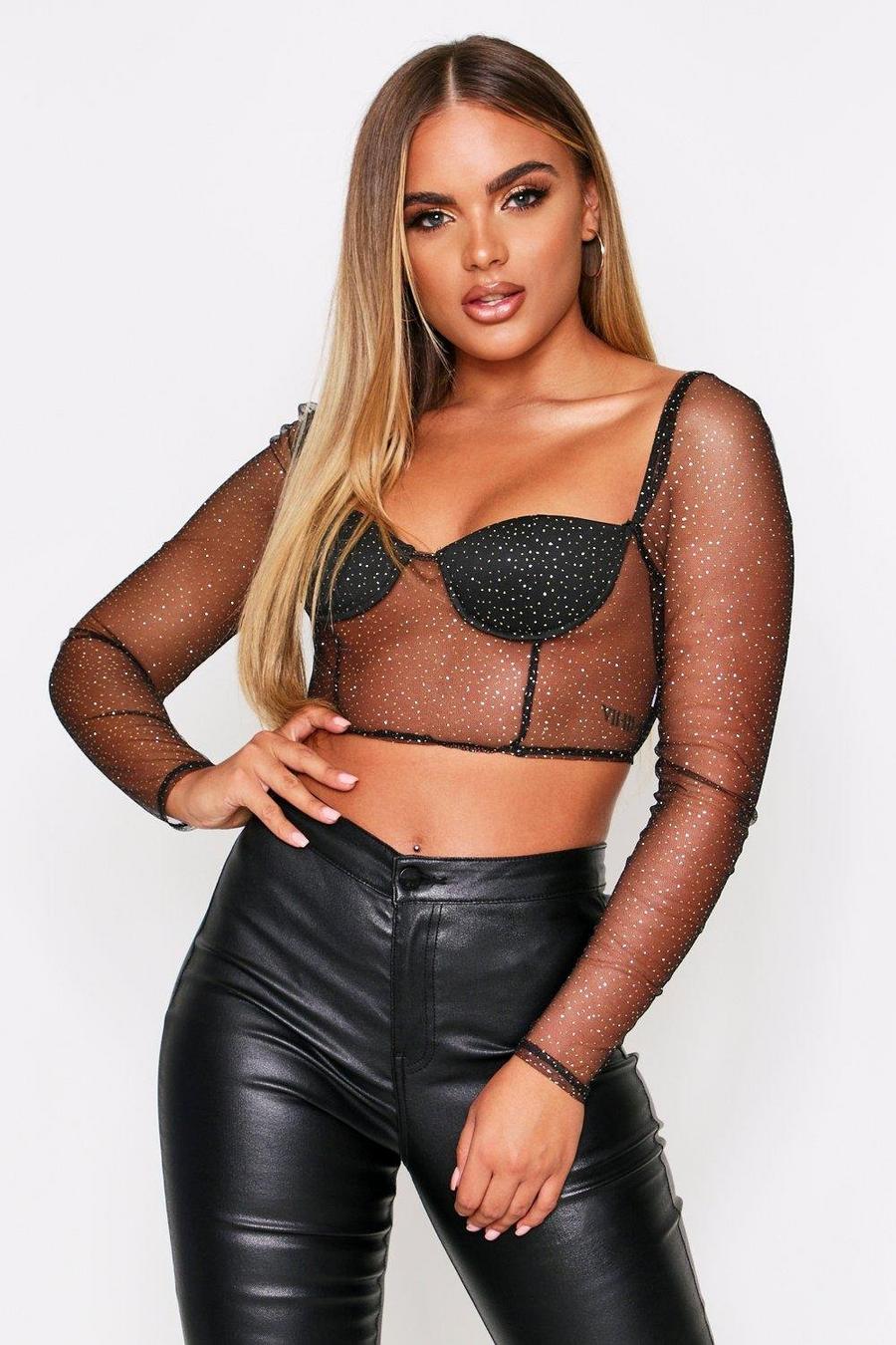 Black Glitter Mesh Long Sleeve Cupped Top image number 1