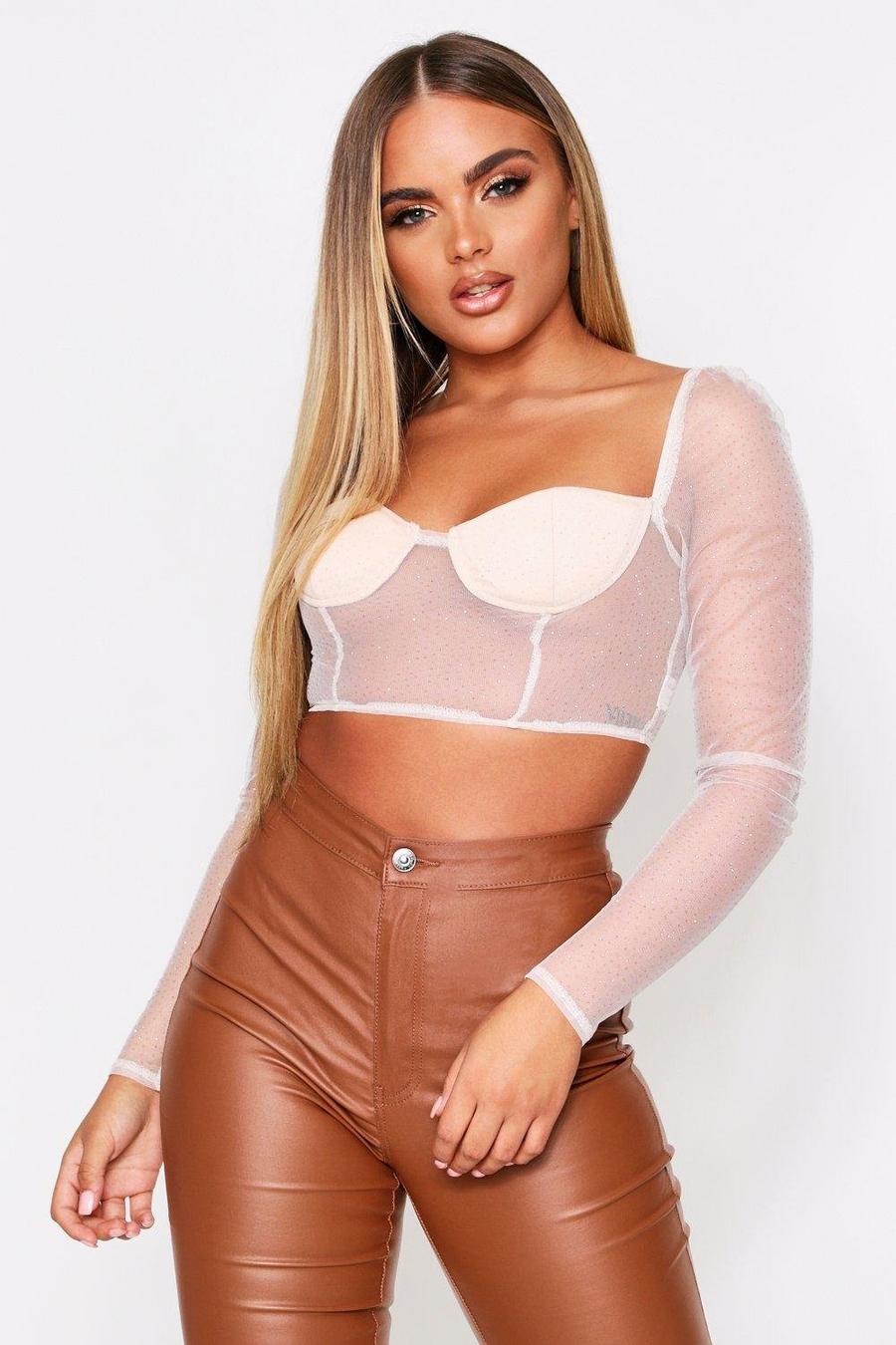 Nude Glitter Mesh Long Sleeve Cupped Top image number 1
