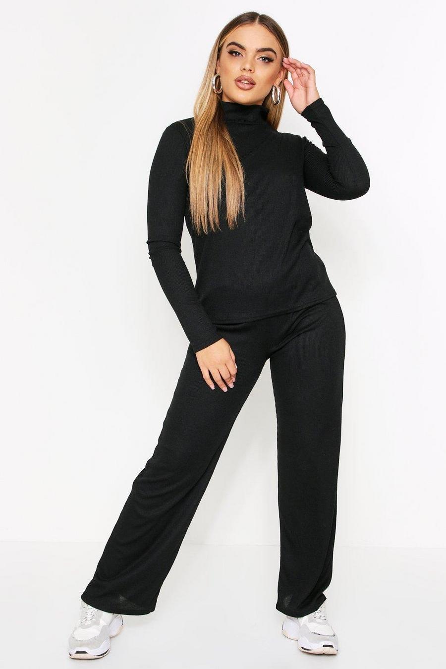 Ribbed High Neck Top & Wide Leg Loungewear Two-Piece image number 1