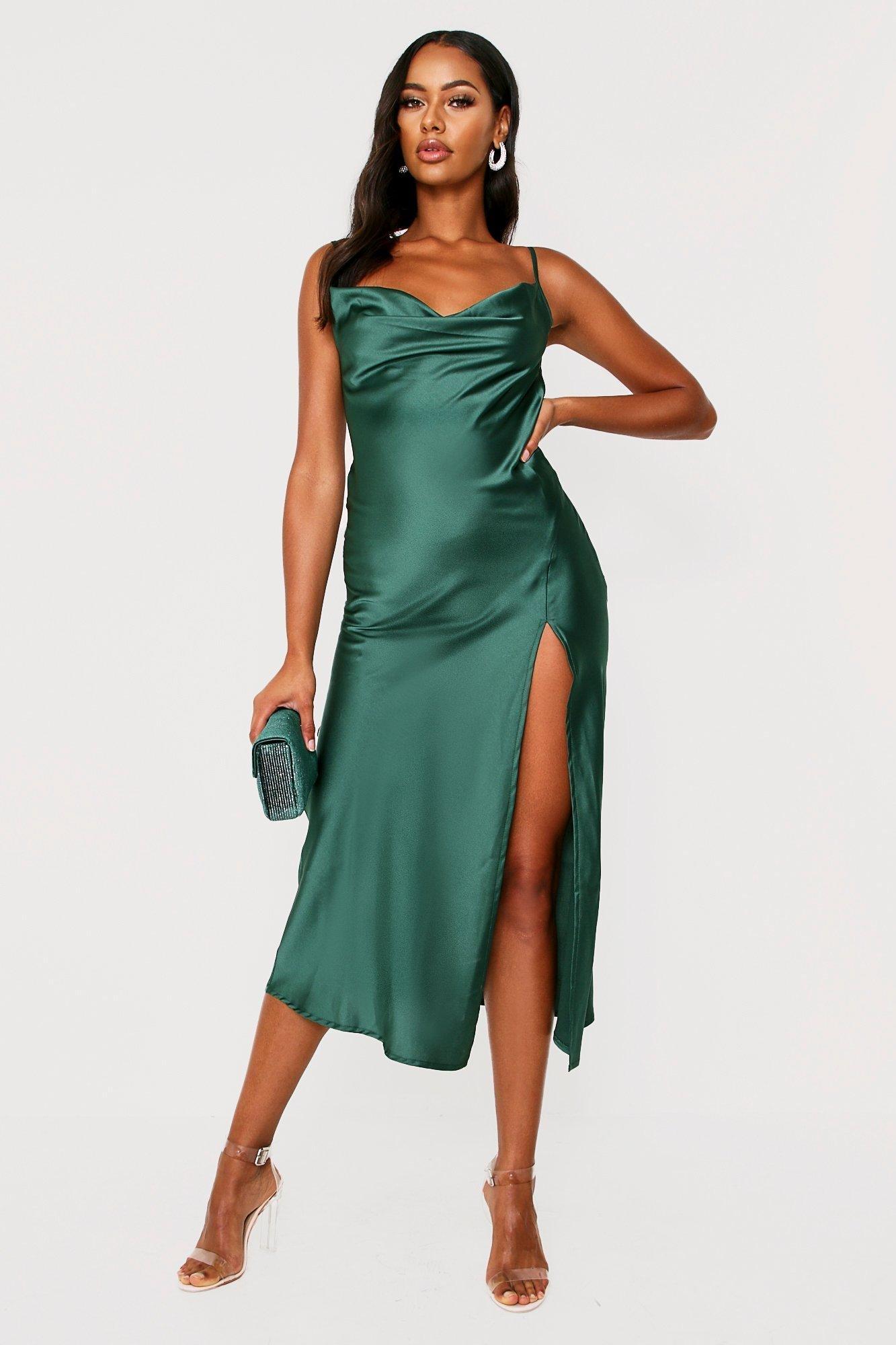 green cowl neck satin dress