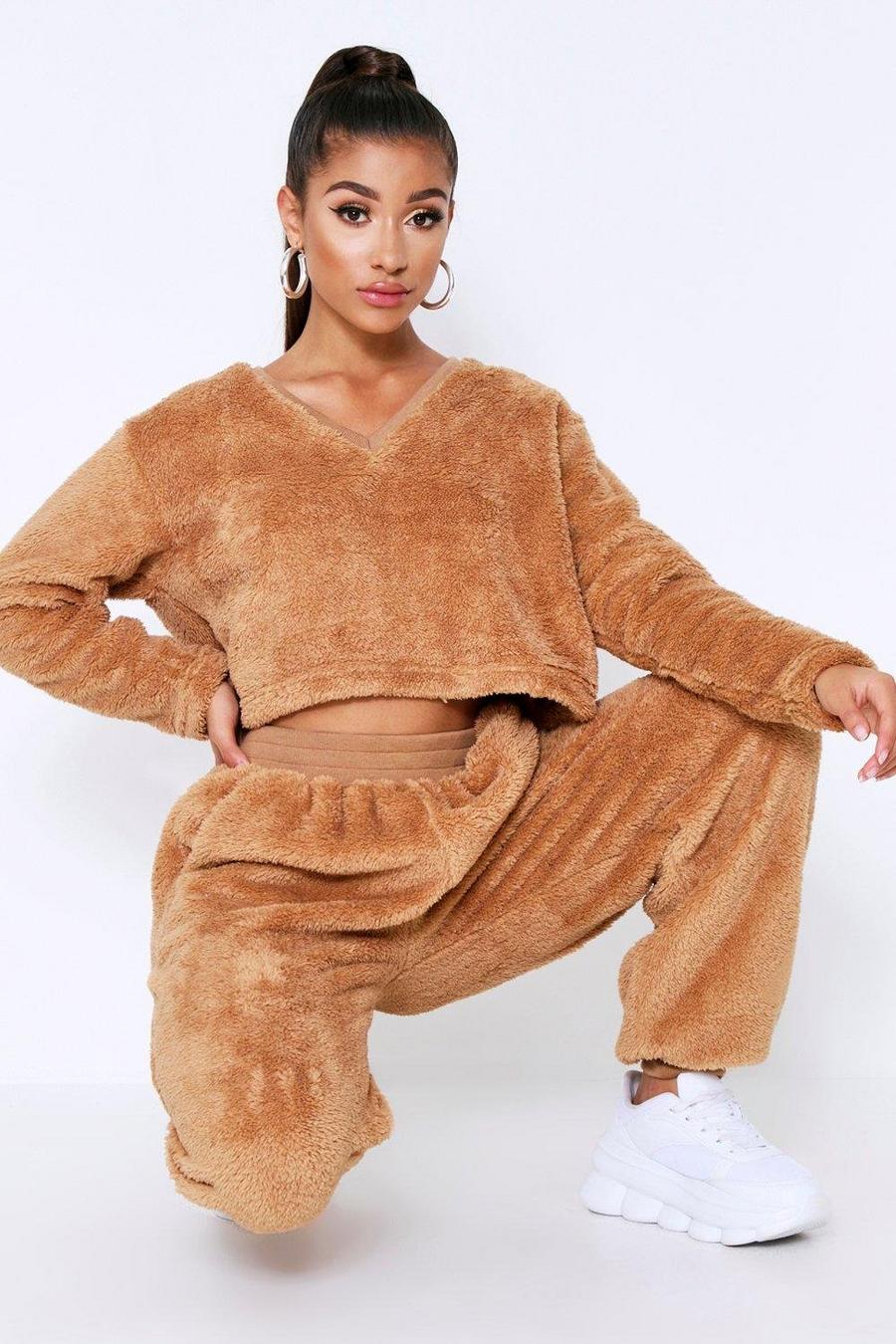 Conjunto cómodo de pantalones de deporte de vellón de peluche, Camel image number 1