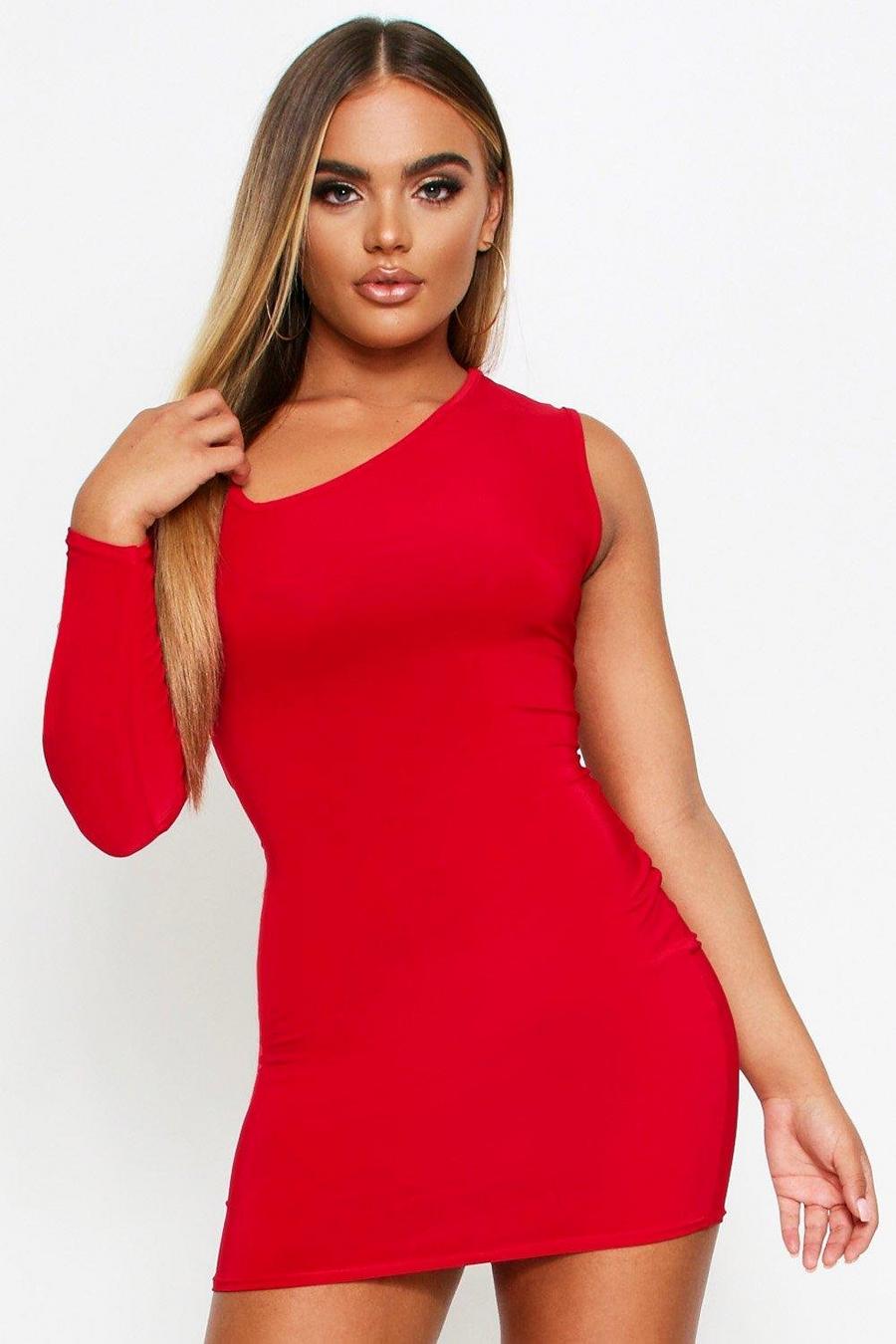 Red Asymmetric One Sleeve Mini Dress image number 1