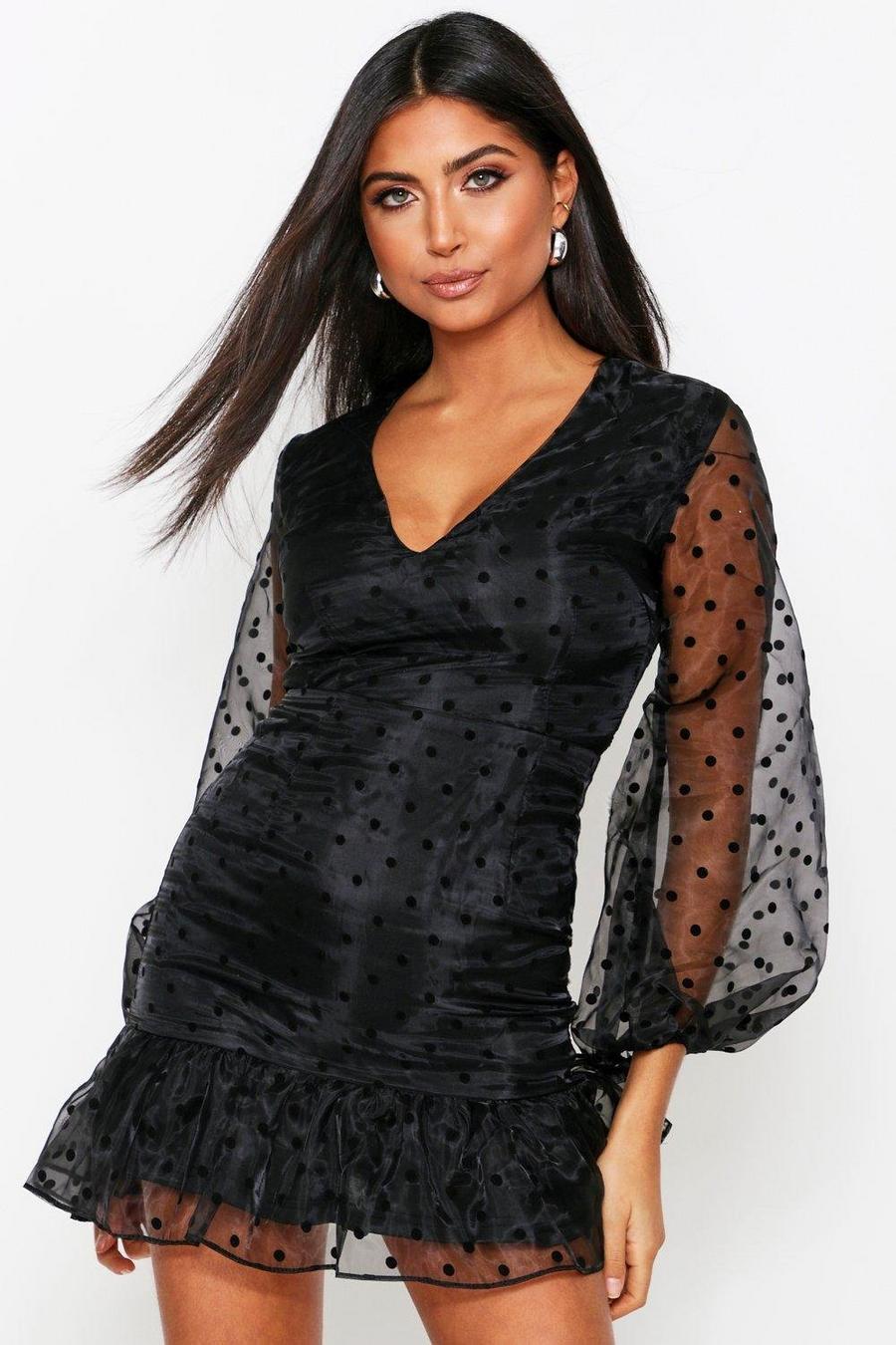 שמלה שחורה מבד רשת עם הדפס נקודות פולקה 'מולי' image number 1