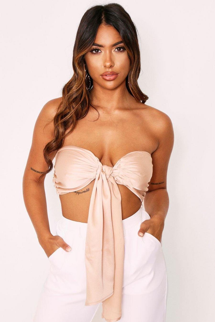 Champagne Satin Tie Front Ruched Bandeau Top image number 1