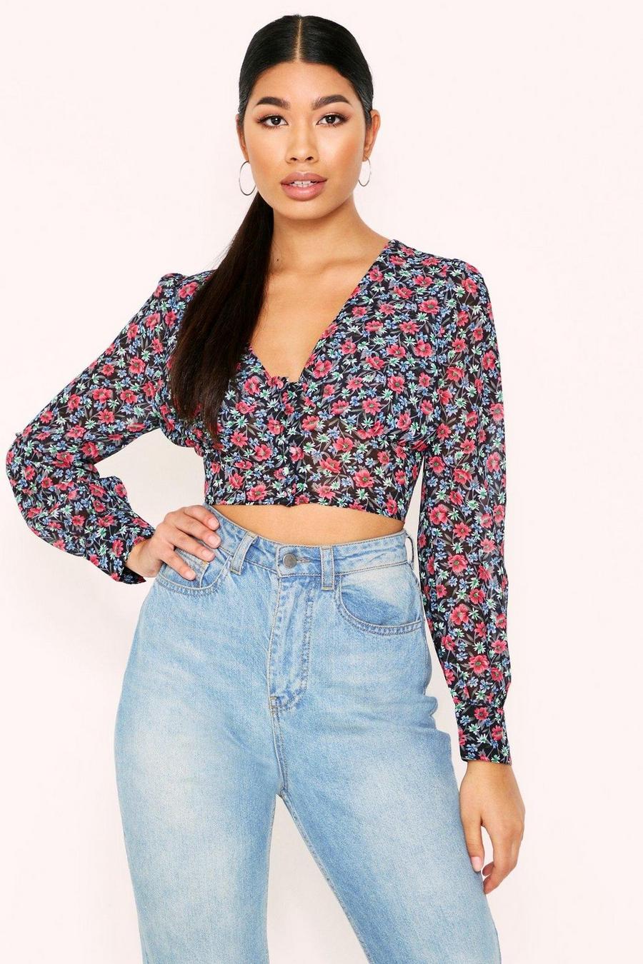 Floral Button Front Puff Sleeve Top image number 1