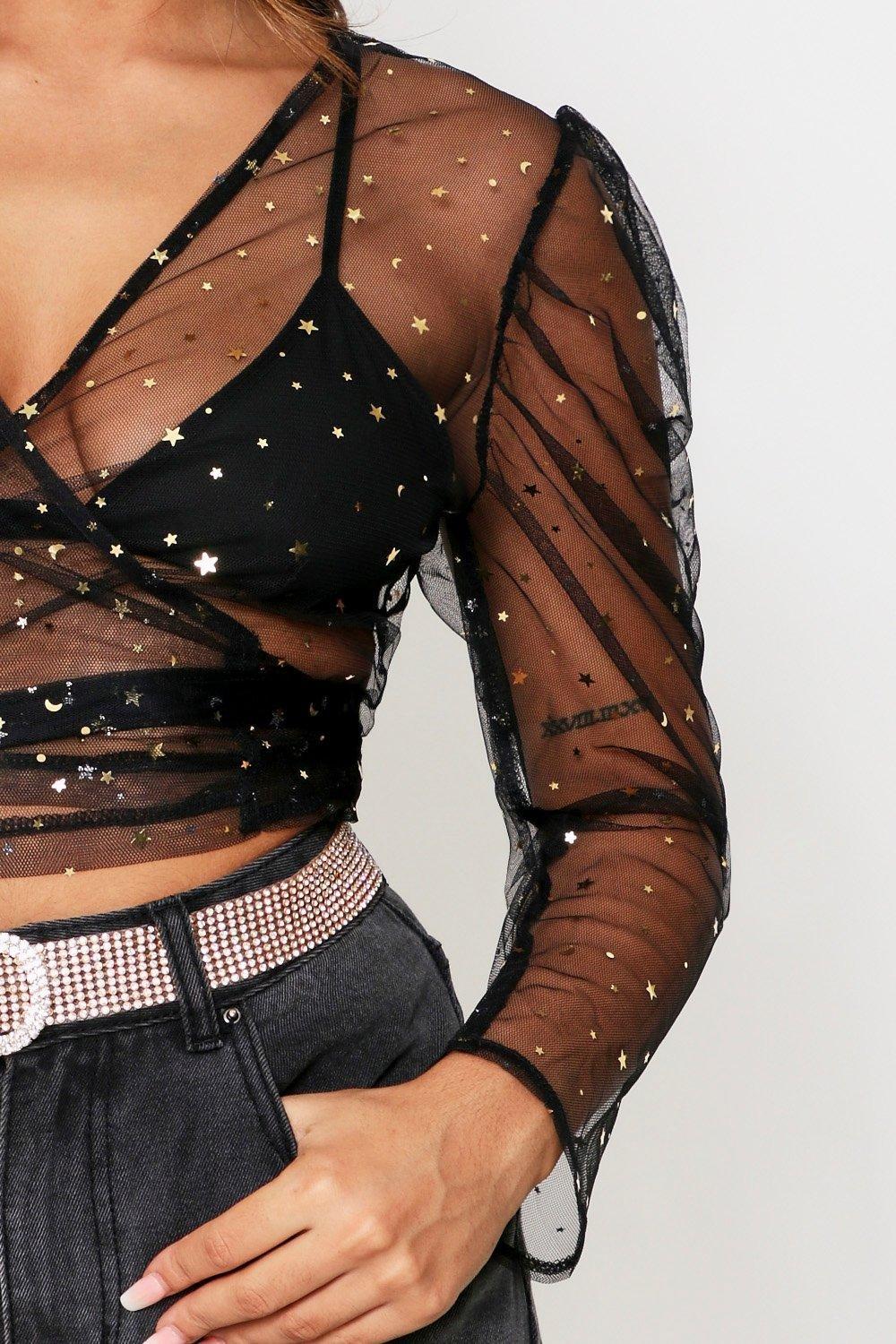 Black mesh top with hot sale stars