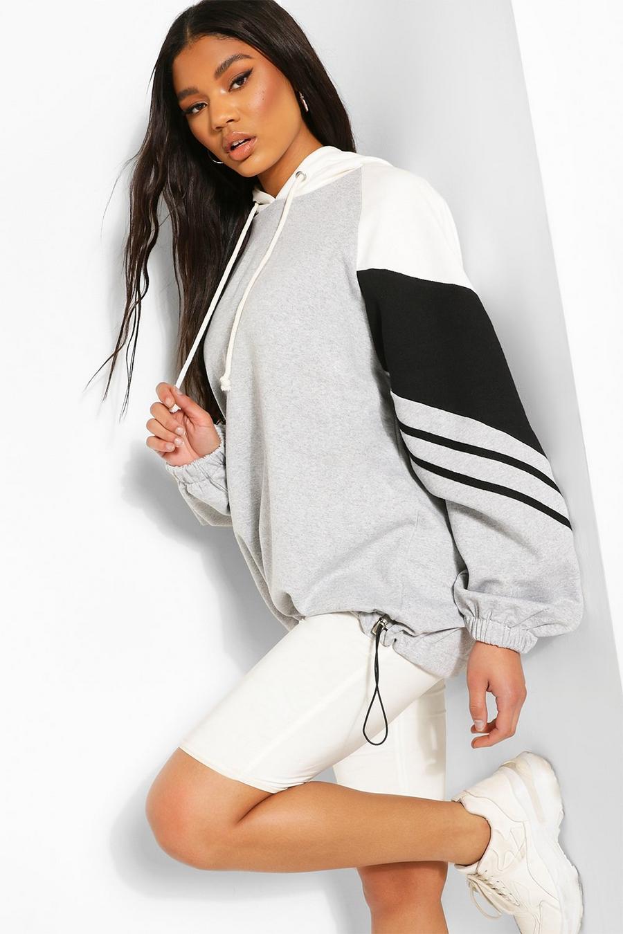 Grey Oversize hoodie med blockfärger och ränder image number 1