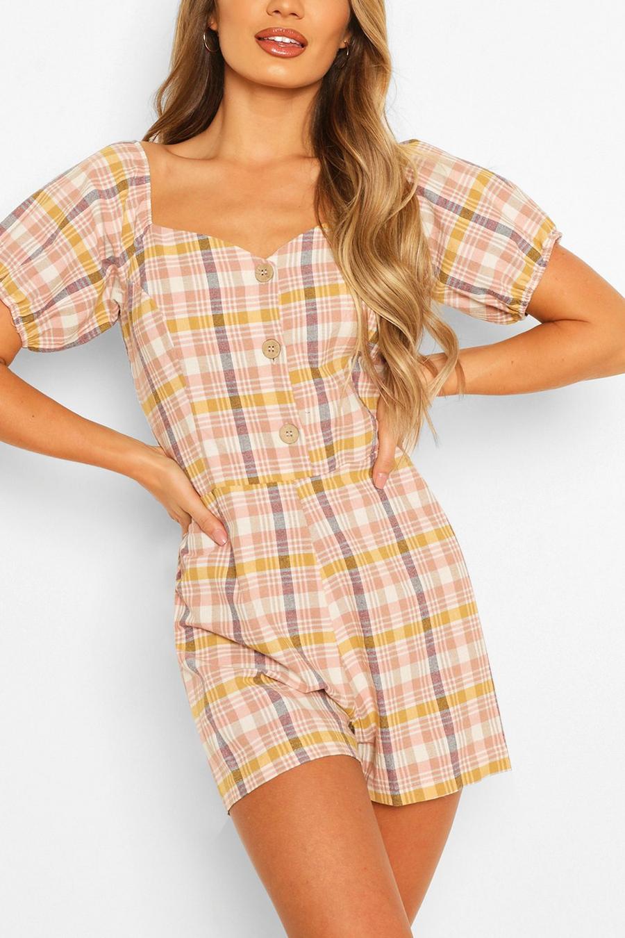 Blush Linen Look Checked Puff Sleeve Playsuit image number 1