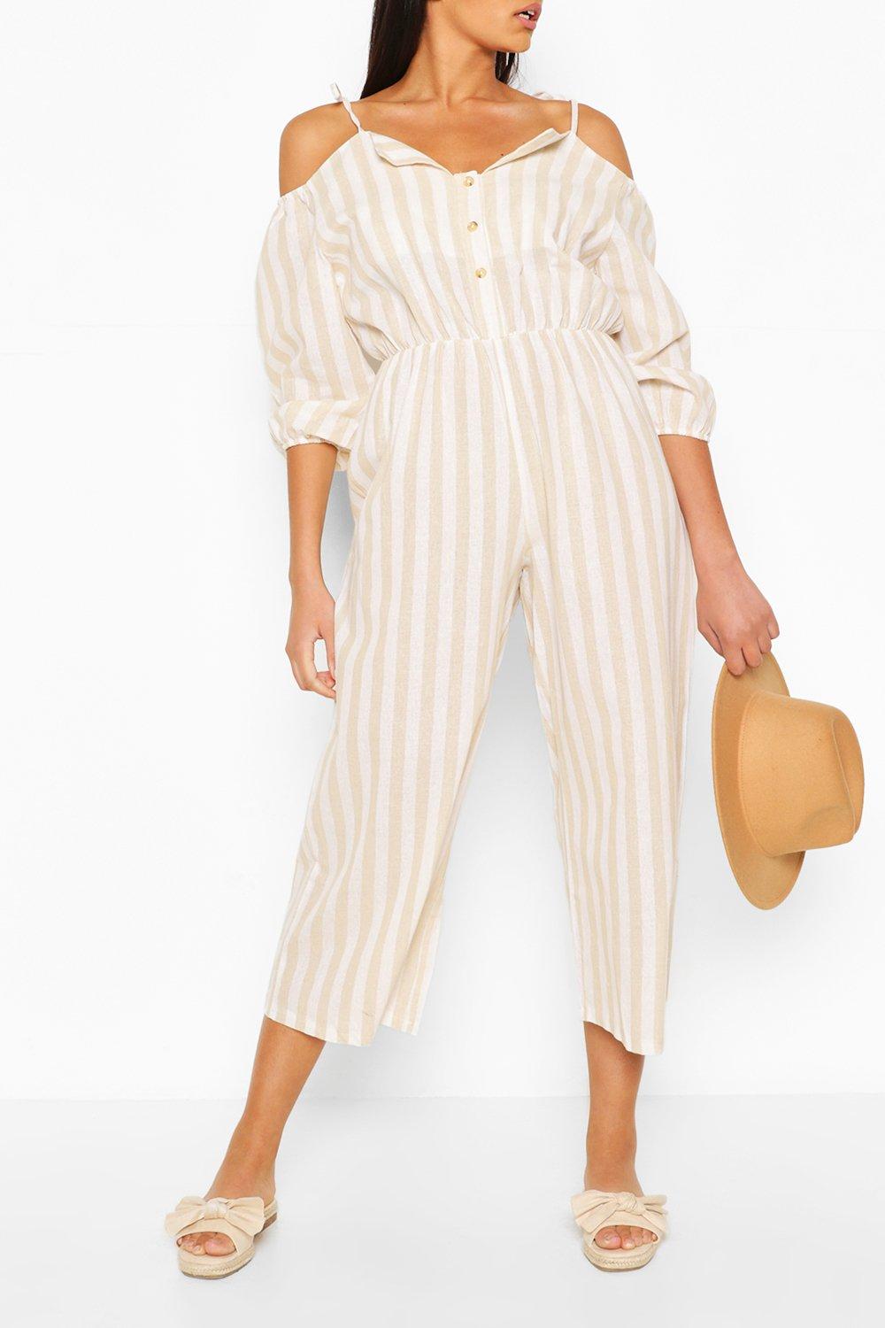 Linen Stripe Button Bardot Jumpsuit boohoo NO