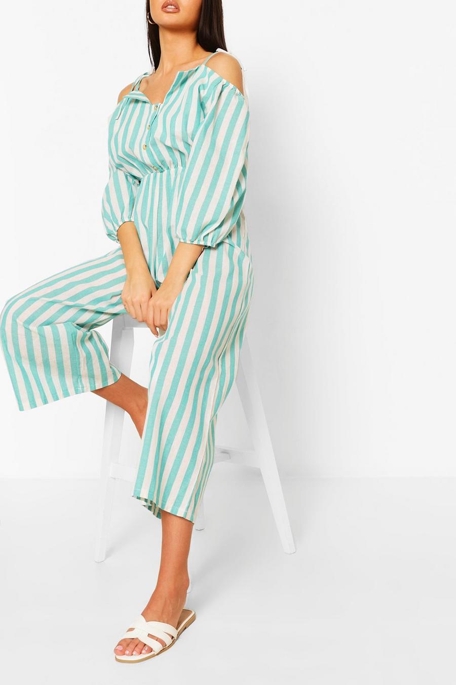Green Linen Stripe Button Bardot Jumpsuit image number 1