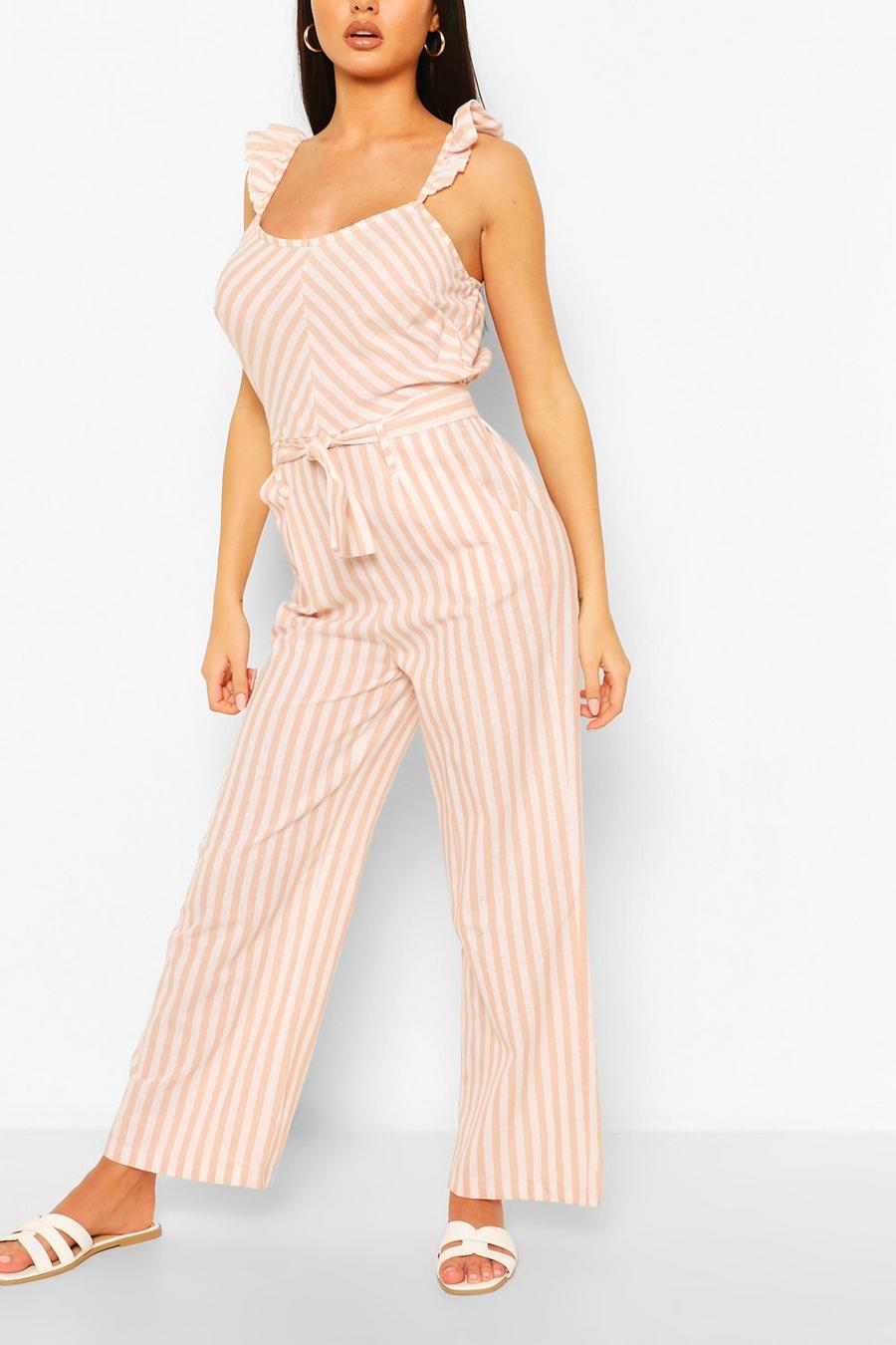 Blush pink Linen Mix Stripe Ruffle Jumpsuit image number 1