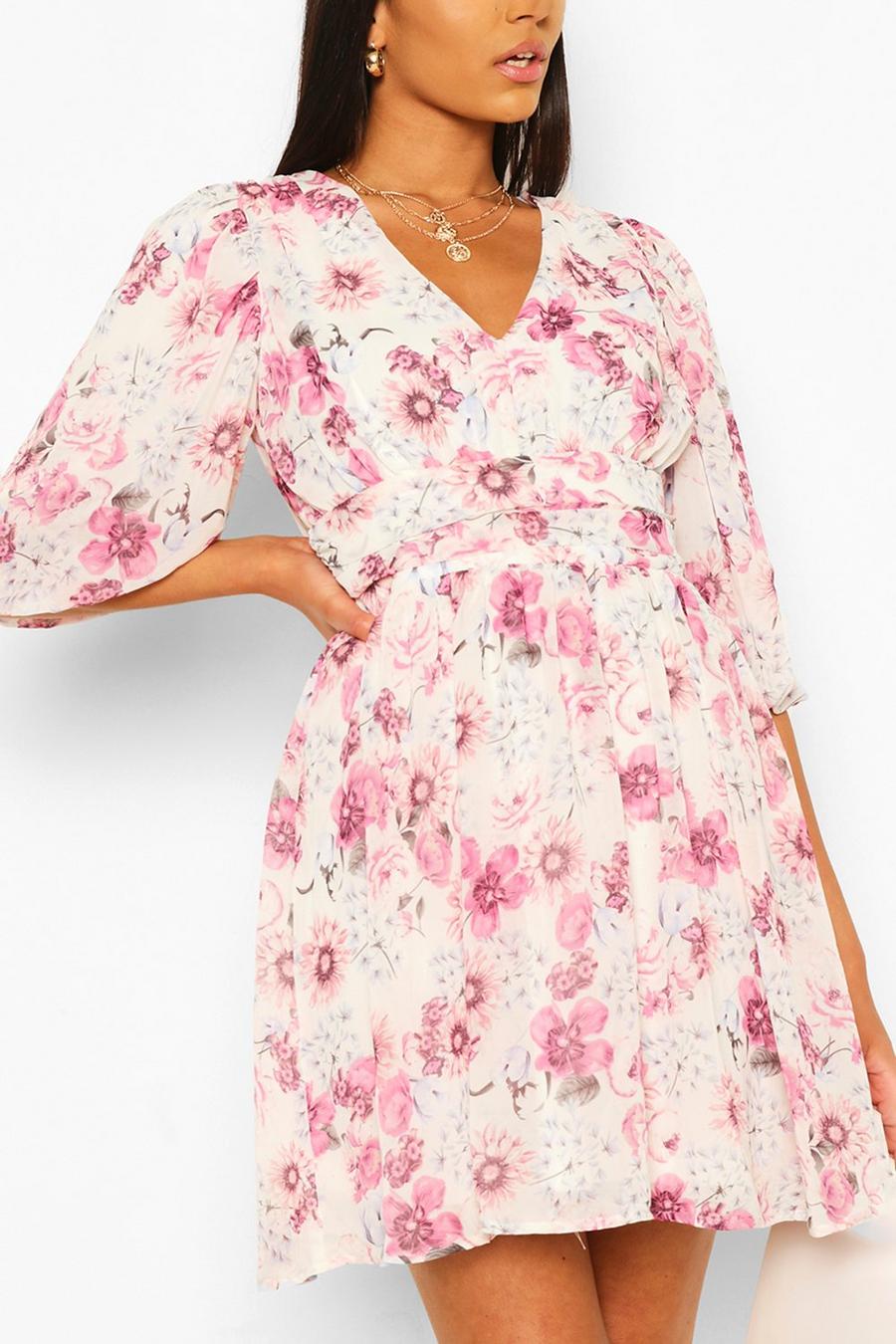 Floral Chiffon Puff Sleeve Rouche Skater image number 1