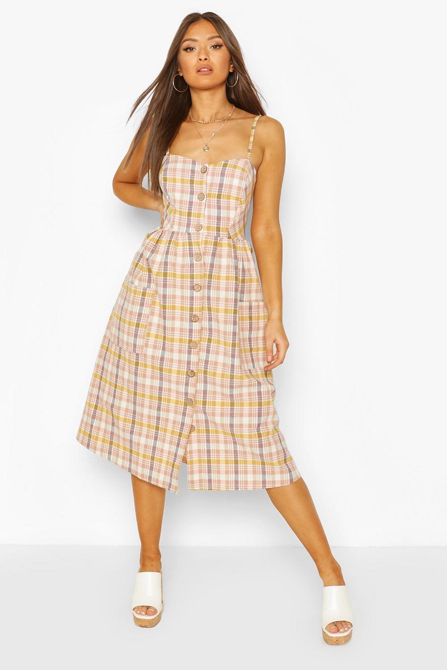 Blush rosa Linen Look Button Front Checked Midi Dress image number 1