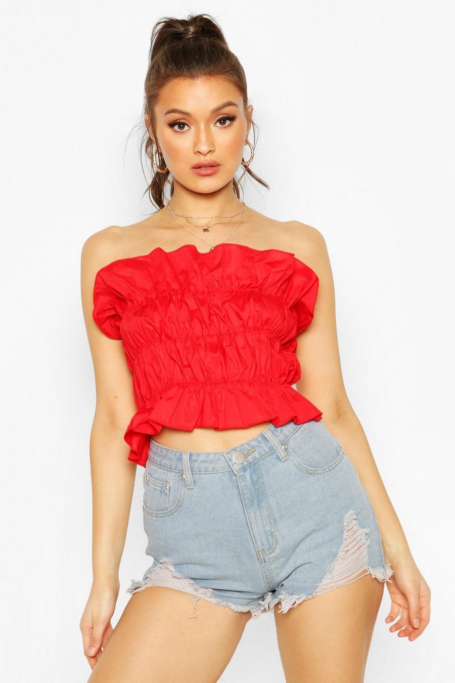 Red Ruched Cotton Bandeau Top image number 1