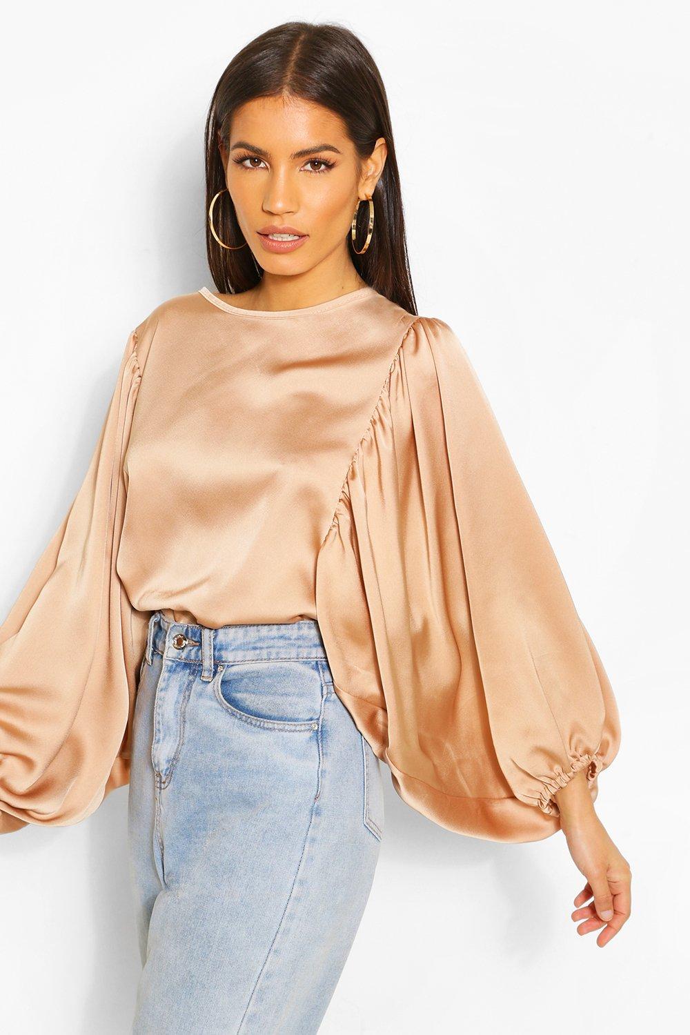 Satin balloon sleeve top deals