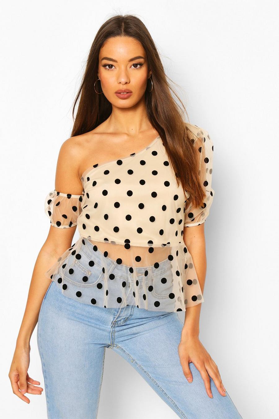 Nude Spotty Organza One Shoulder Top image number 1