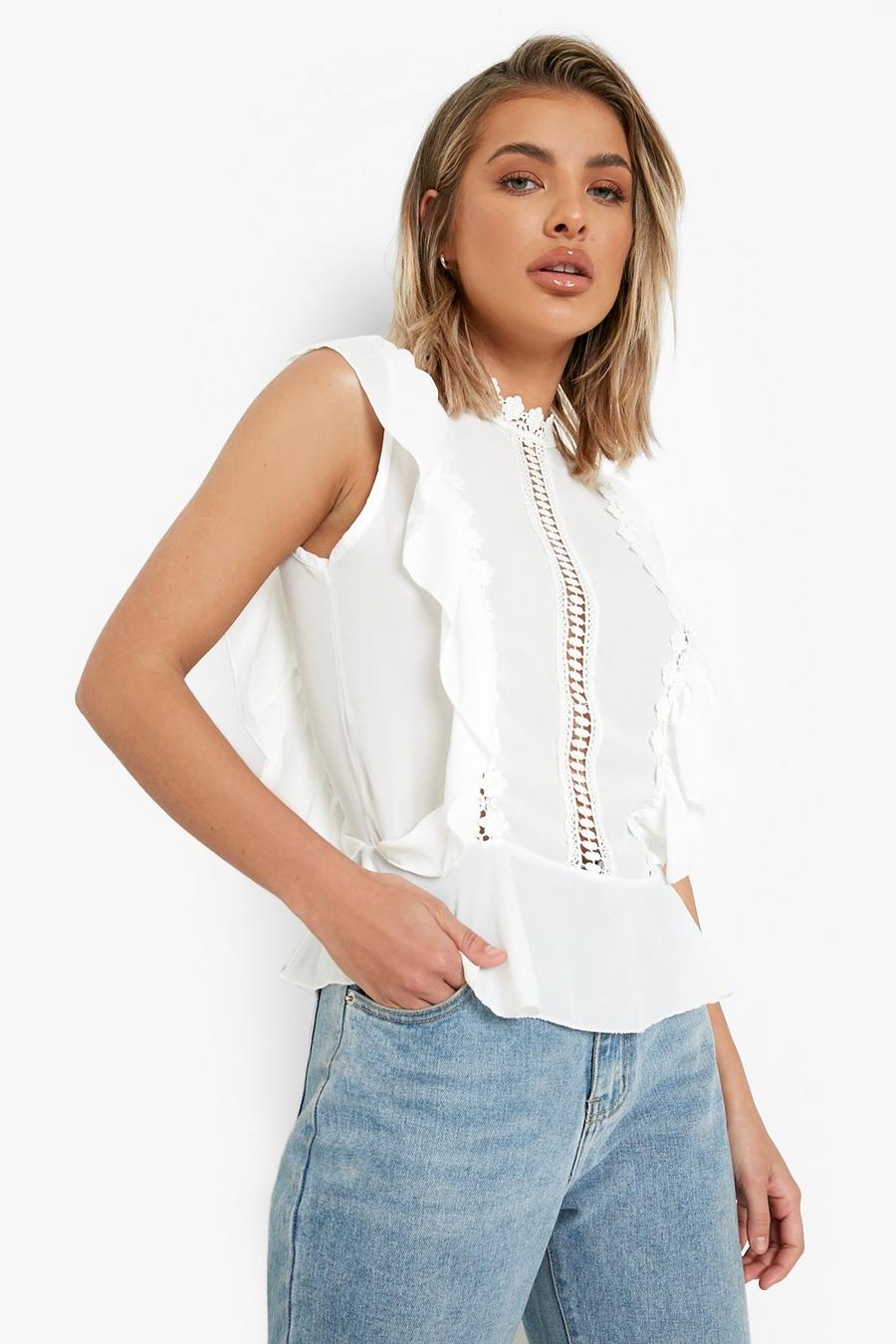 White Crochet Ruffle Top image number 1