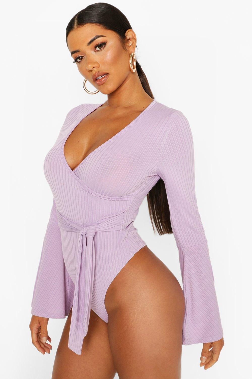 Buy Boohoo Basic Ribbed Flare Sleeves Bodysuit Top In White