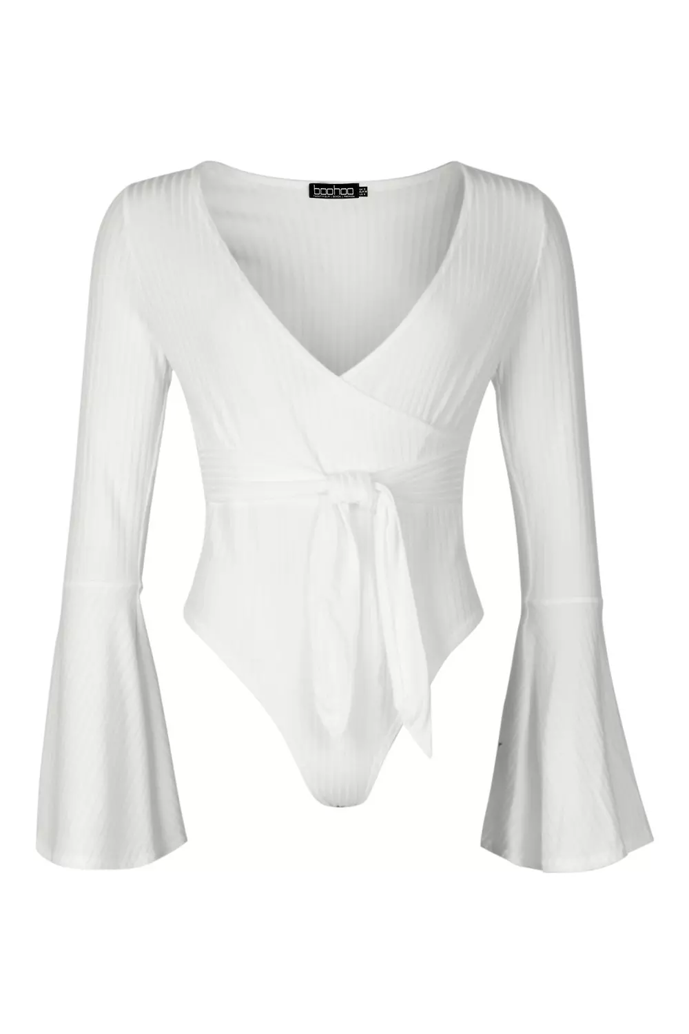 Buy Boohoo Basic Ribbed Flare Sleeves Bodysuit Top In White