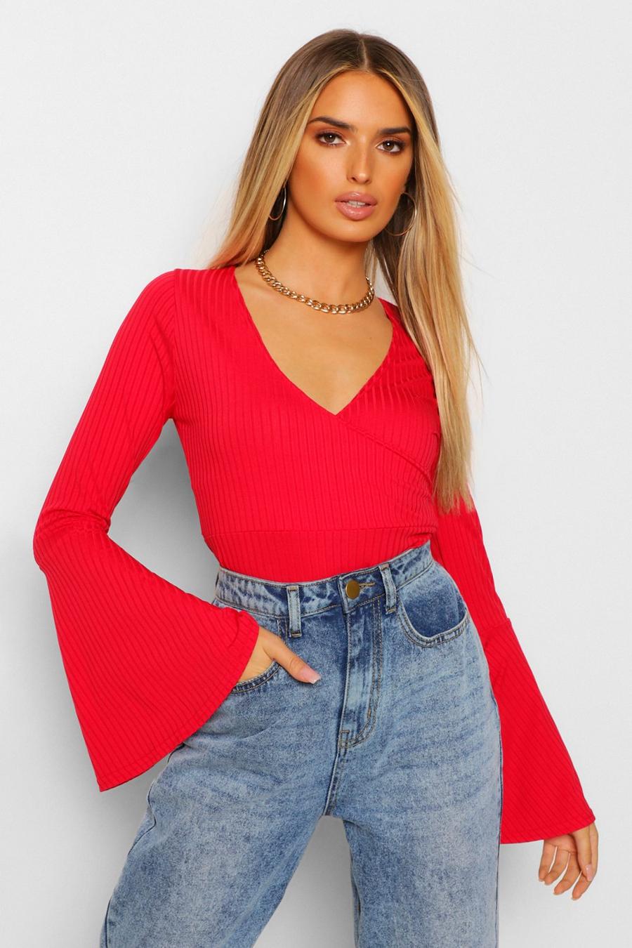 Red Flare Sleeve Ribbed Wrap Bodysuit image number 1