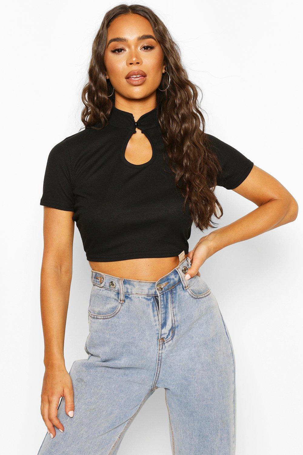 black cut out neck top